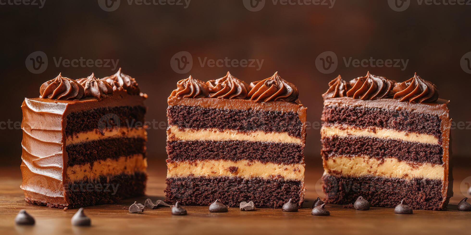 Delicious layered chocolate cake slices with rich frosting arranged on a rustic wooden table photo