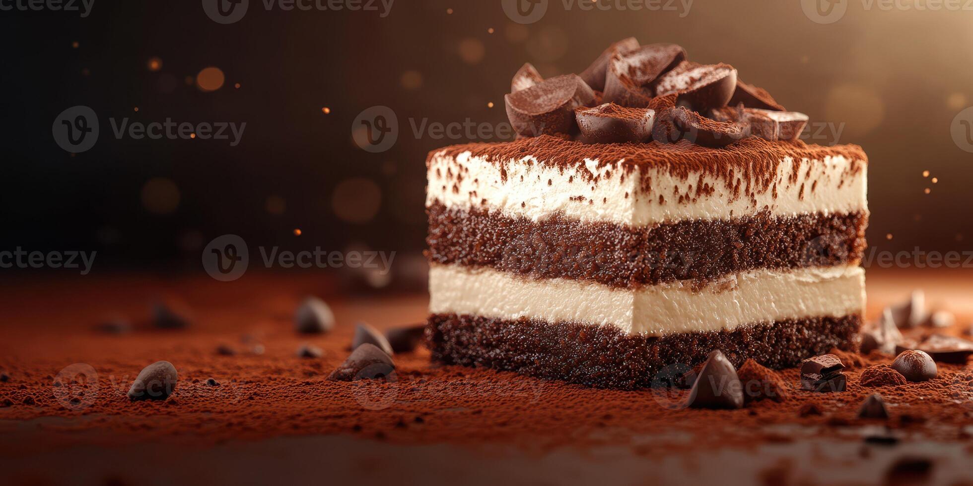 Chocolate cake with cocoa powder and chocolate chips presented on a dark background creating a rich dessert experience photo