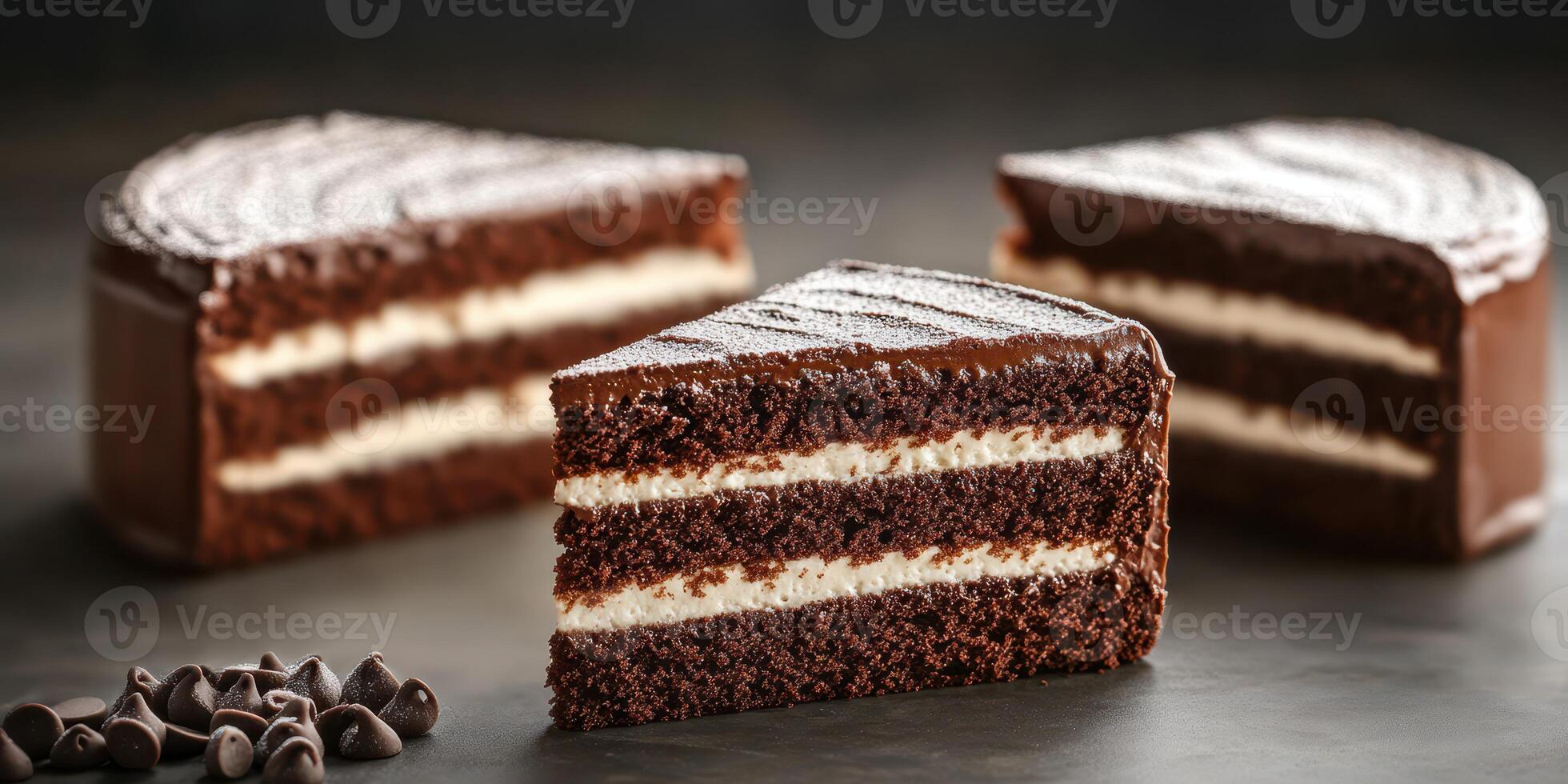 Delicious chocolate layer cake with creamy filling and rich frosting served on a dark background photo