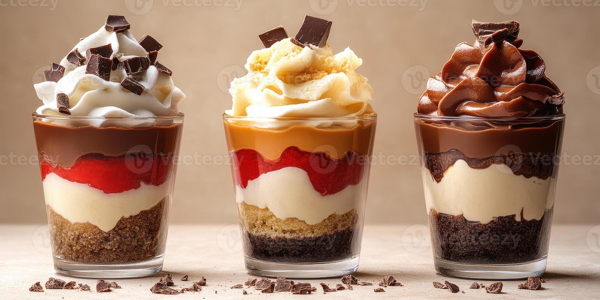 Delicious layered desserts featuring chocolate, vanilla, and caramel flavors in elegant glasses photo