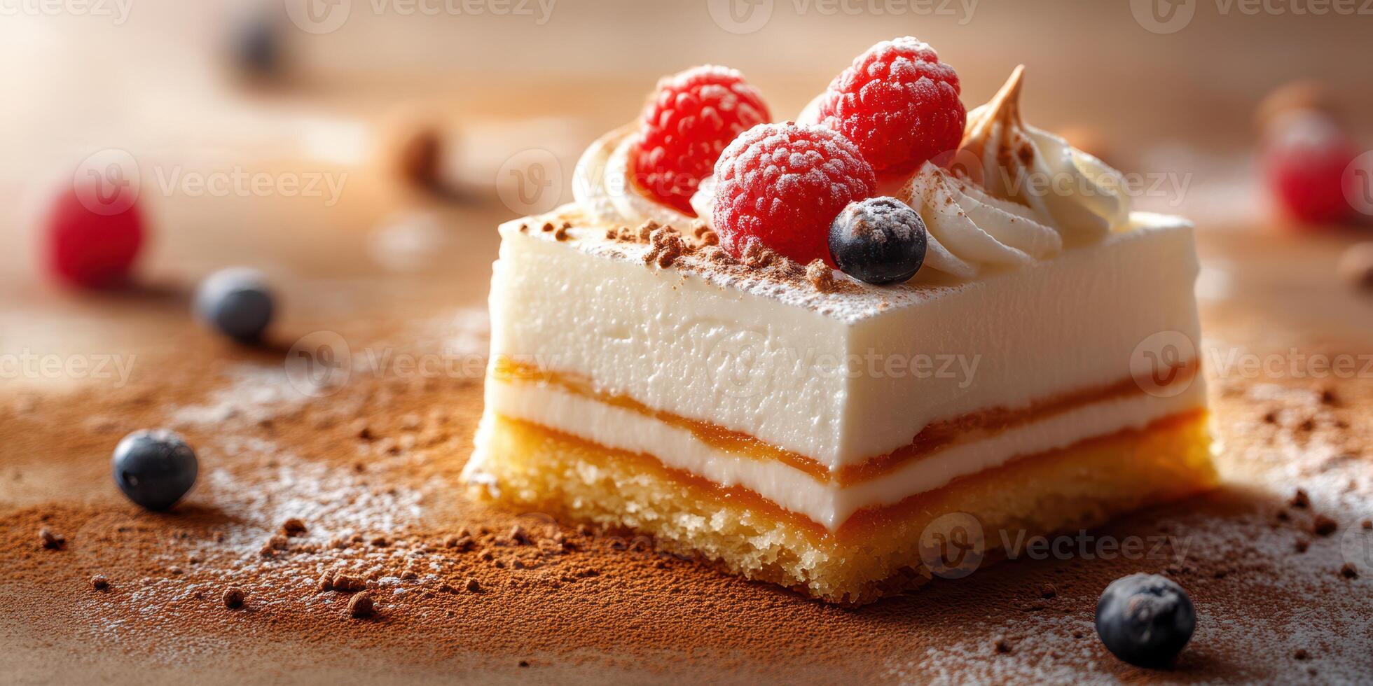 Delicious dessert slice topped with fresh raspberries and blueberries on a rustic wooden surface photo