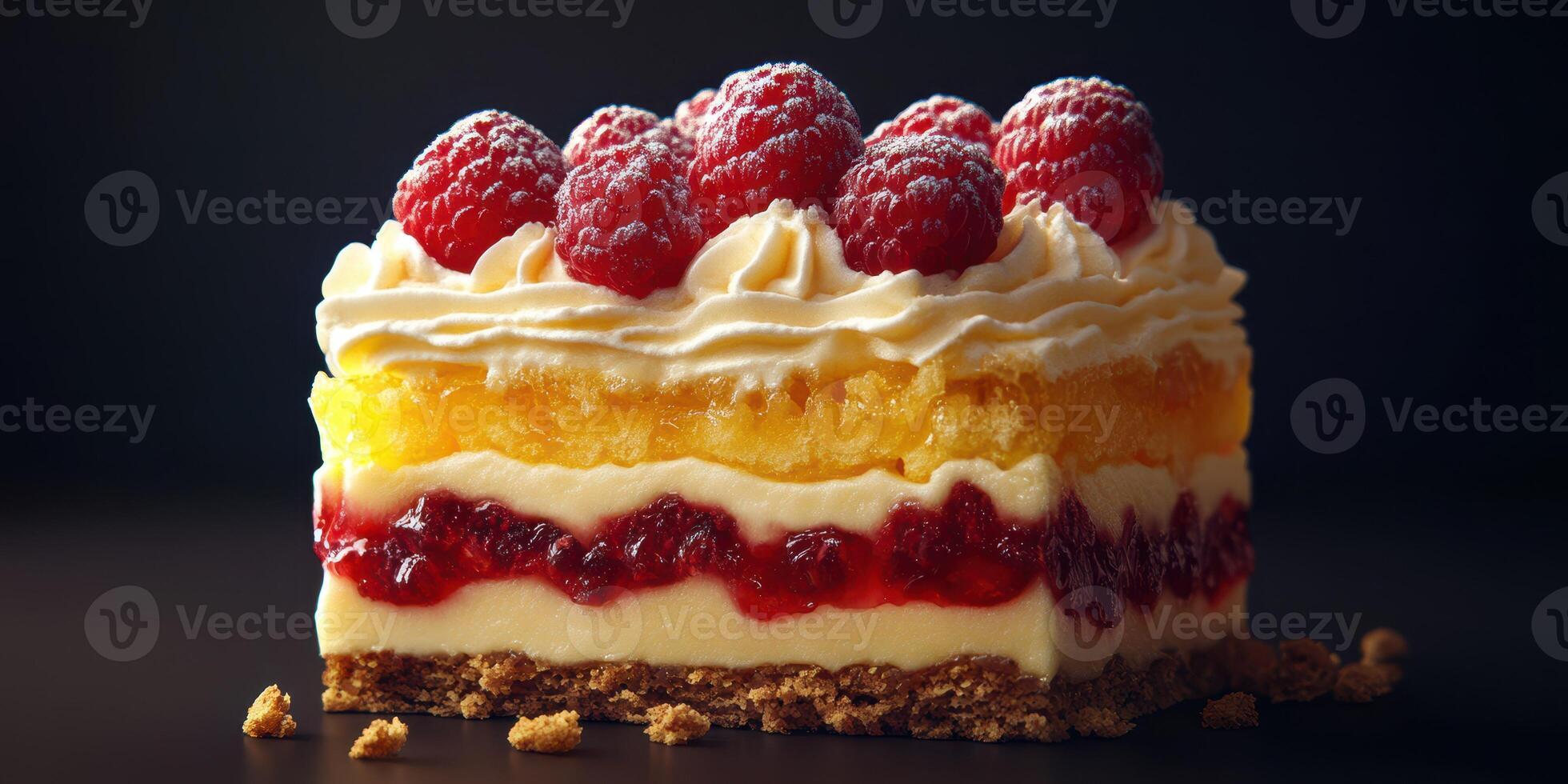 Delicious layered dessert with raspberry and cream showcased against a dark background photo