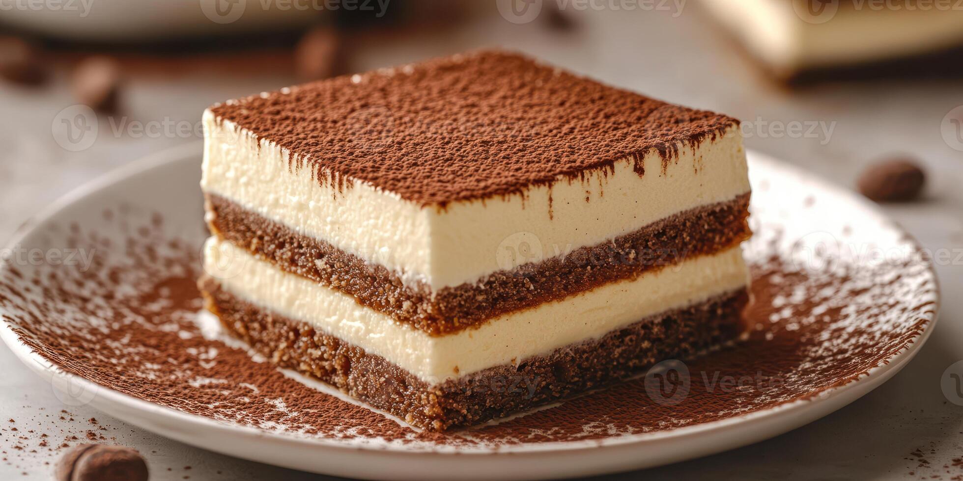 Delicious layered dessert with creamy filling and cocoa powder on a plate ready to be enjoyed photo