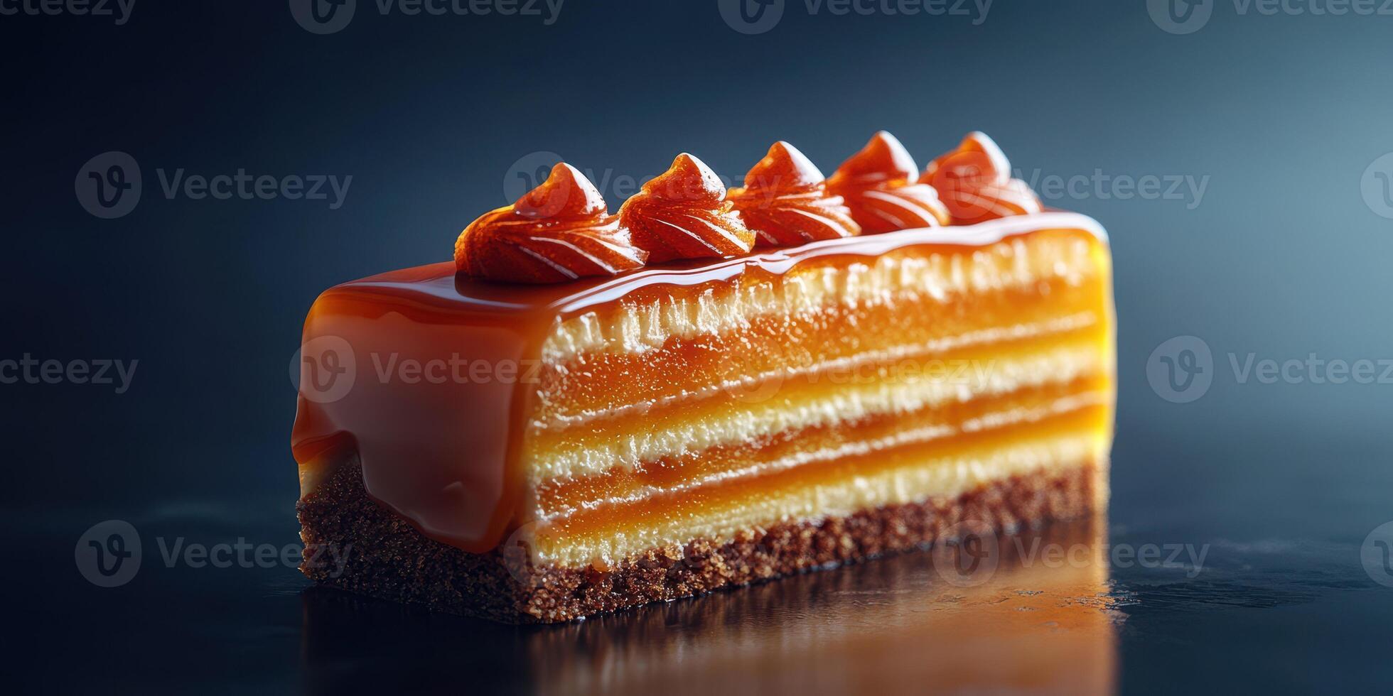 Delicious layered cake with rich caramel topping and creamy filling on a dark background photo