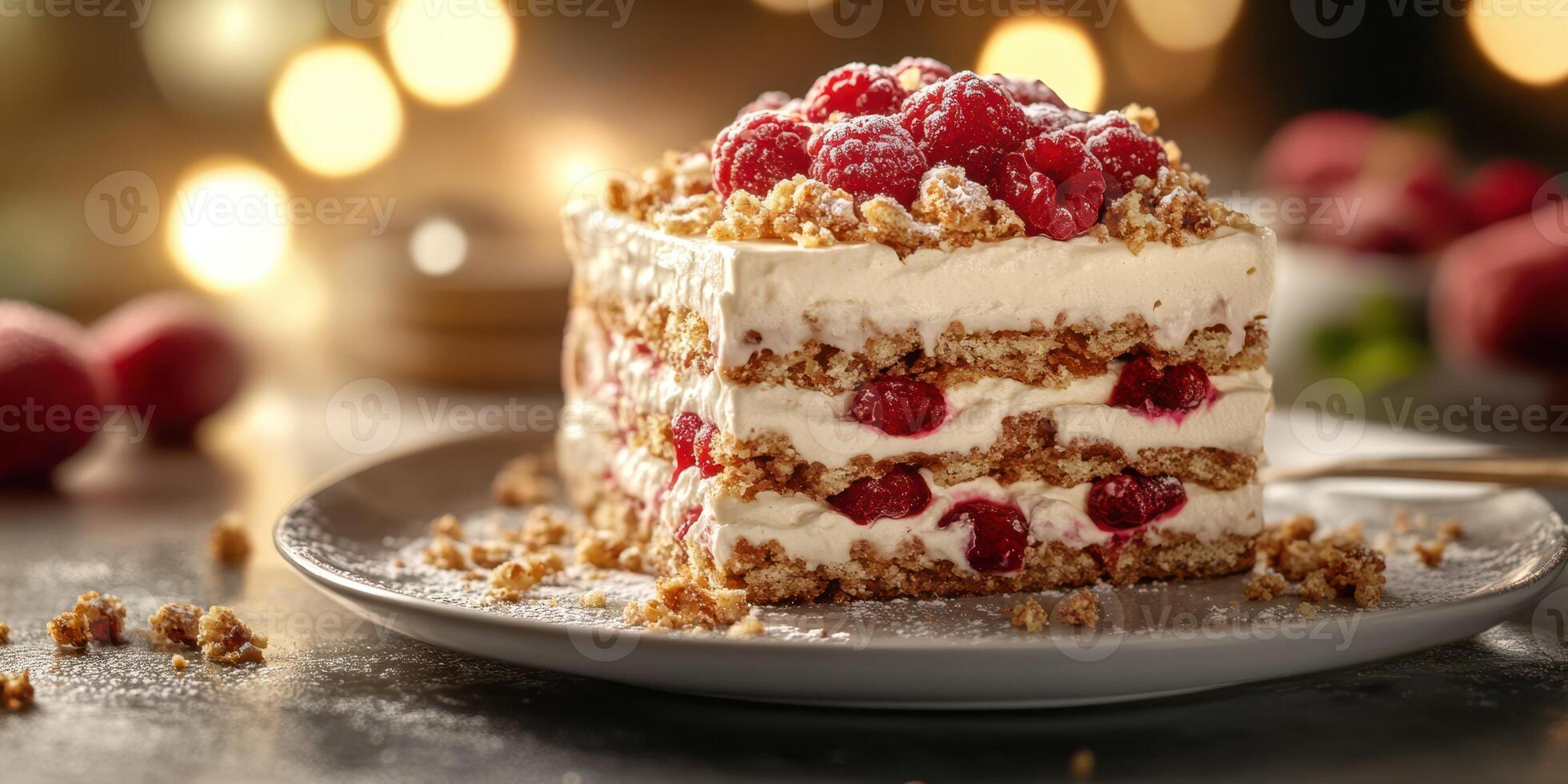 Delightful raspberry layered dessert served on a gray plate with a blurred background of soft lights photo