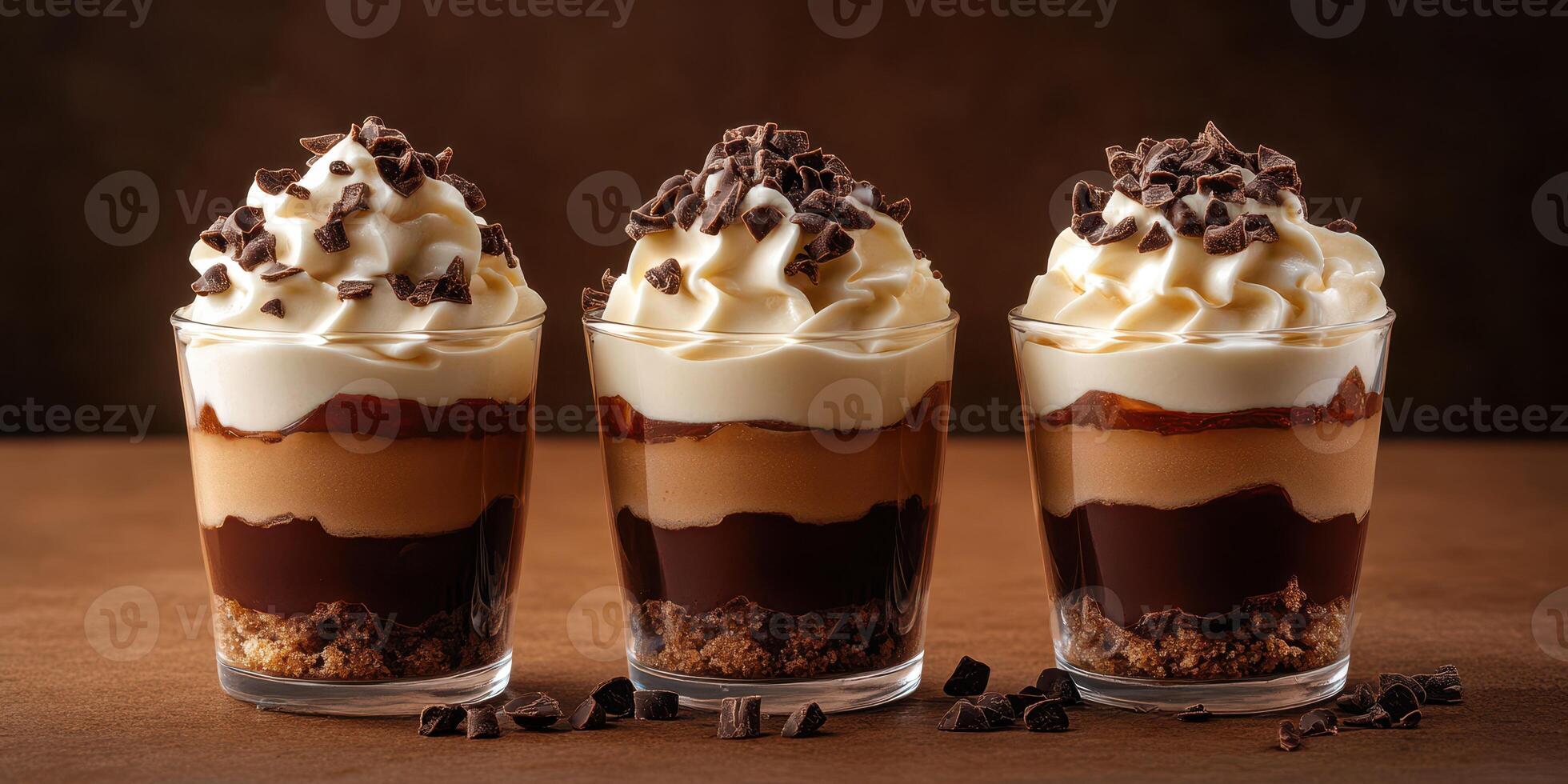 Delicious layered desserts served in clear glasses with chocolate and cream, perfect for any festive occasion or family gathering photo