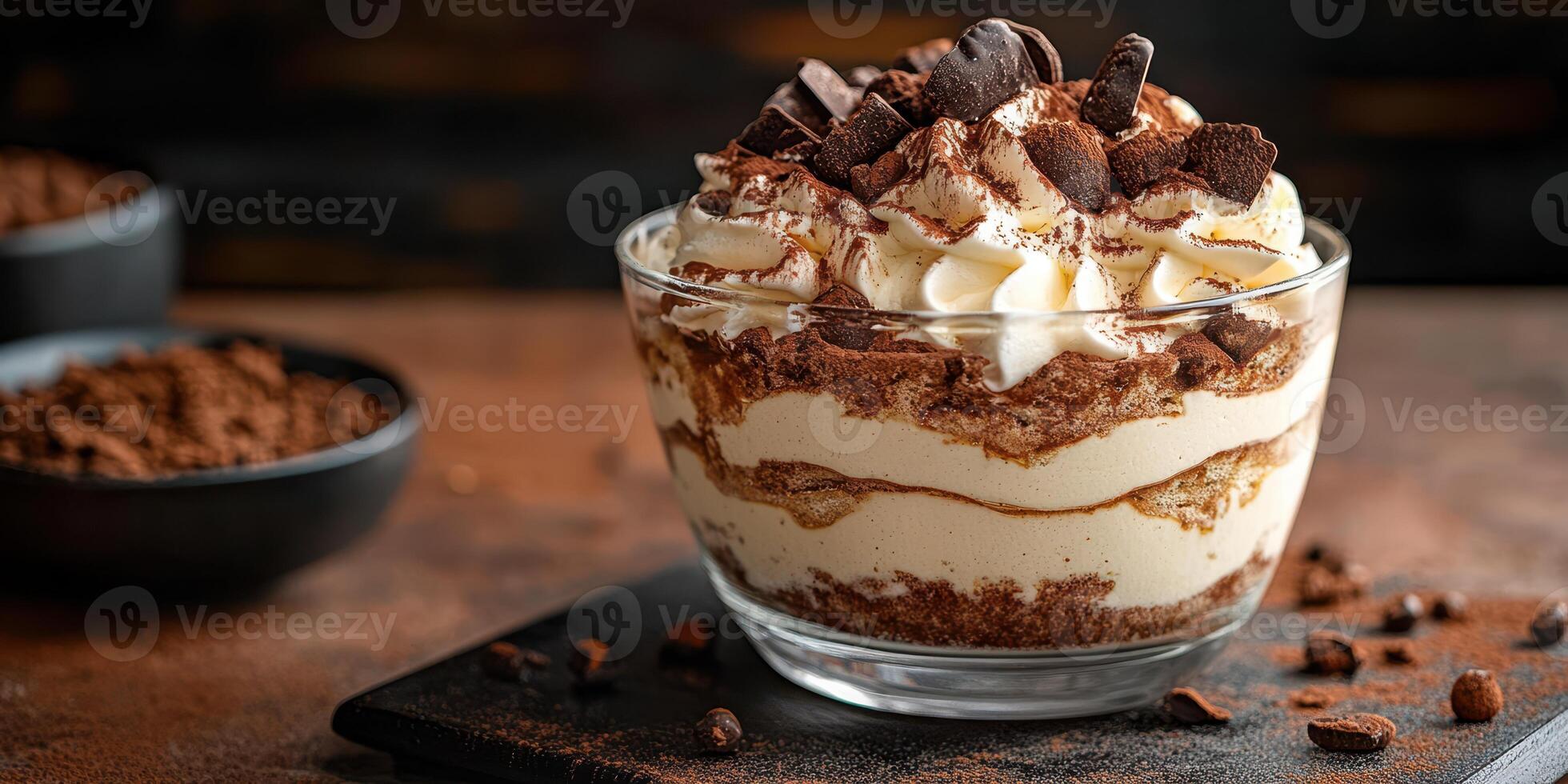 Delicious layered dessert in a glass with chocolate and cream topping served in a cozy atmosphere photo