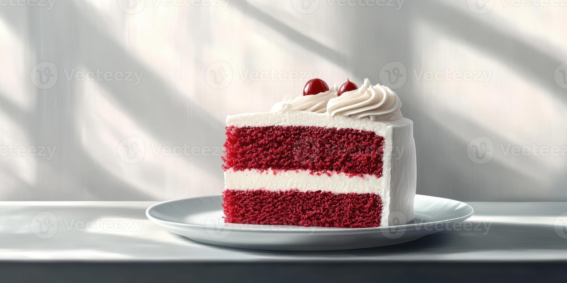 Delicious red velvet cake slice with creamy frosting and cherries on top enjoys soft sunlight in a cozy kitchen photo