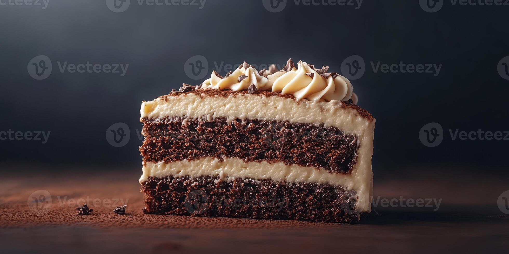 Delicious chocolate cake slice with creamy frosting on rustic wooden table photo