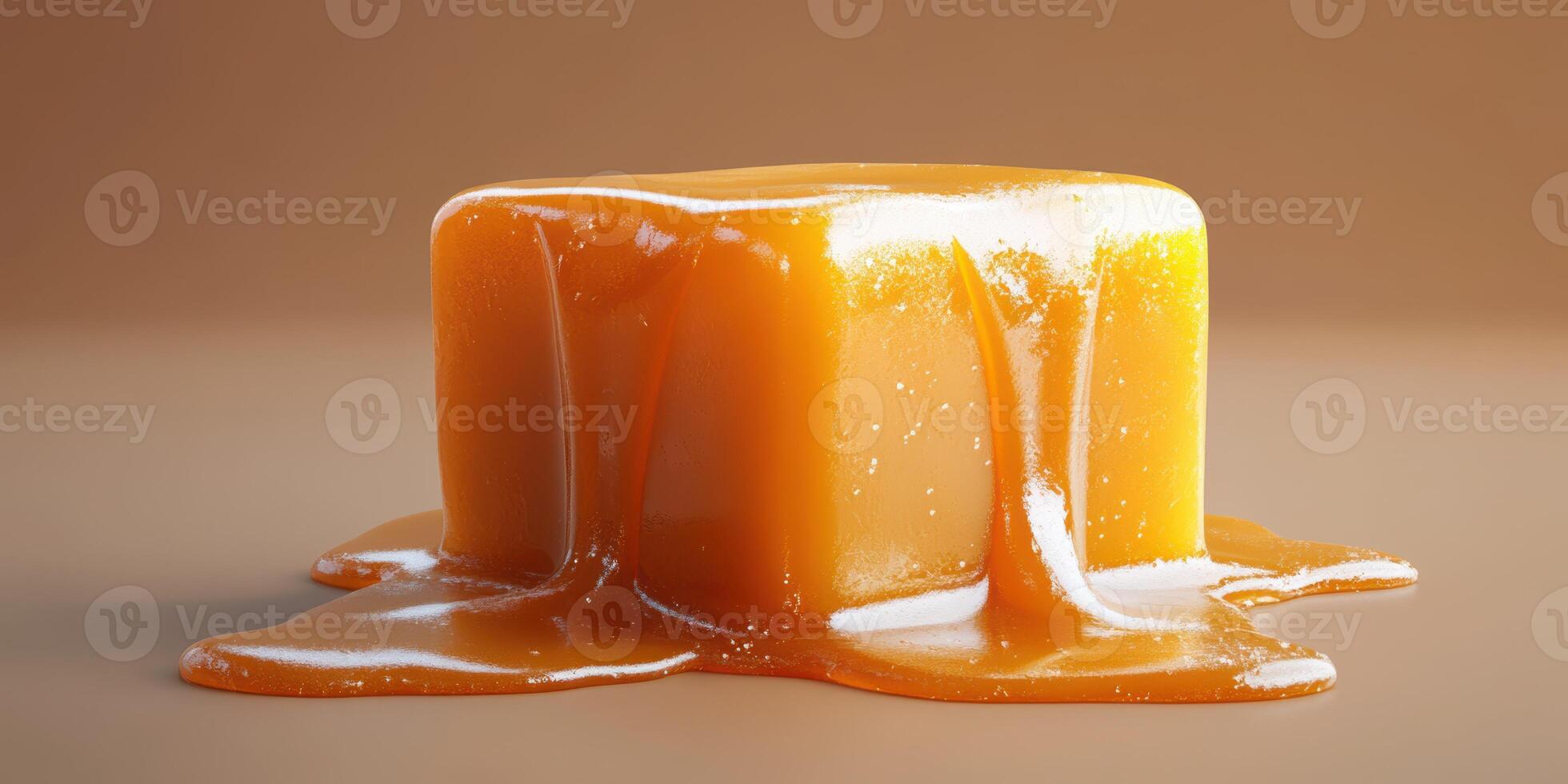 Melted caramel cube oozing with rich sweetness on a smooth surface in a warm light setting photo