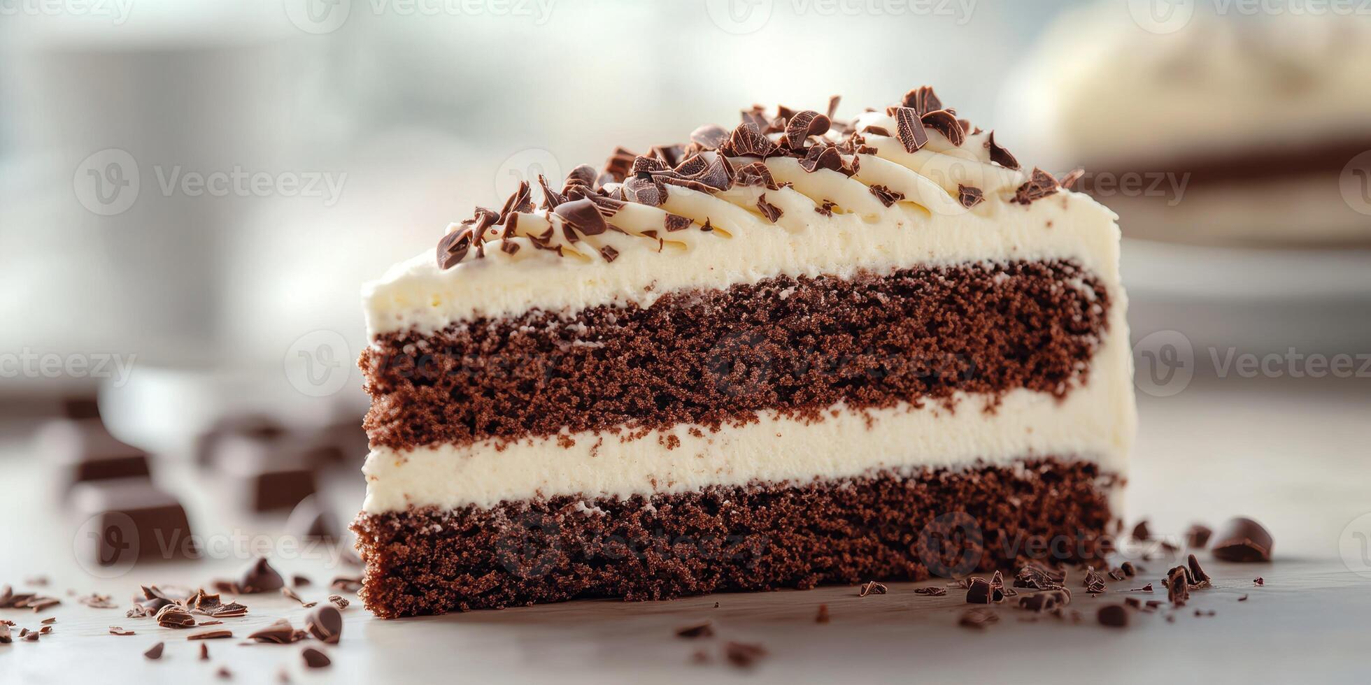 Chocolate cake slice with creamy frosting and chocolate shavings served on a rustic table photo