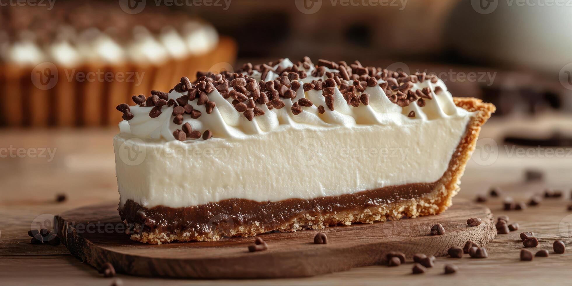 Decadent chocolate cream pie slice with whipped topping and chocolate sprinkles on rustic wooden table photo