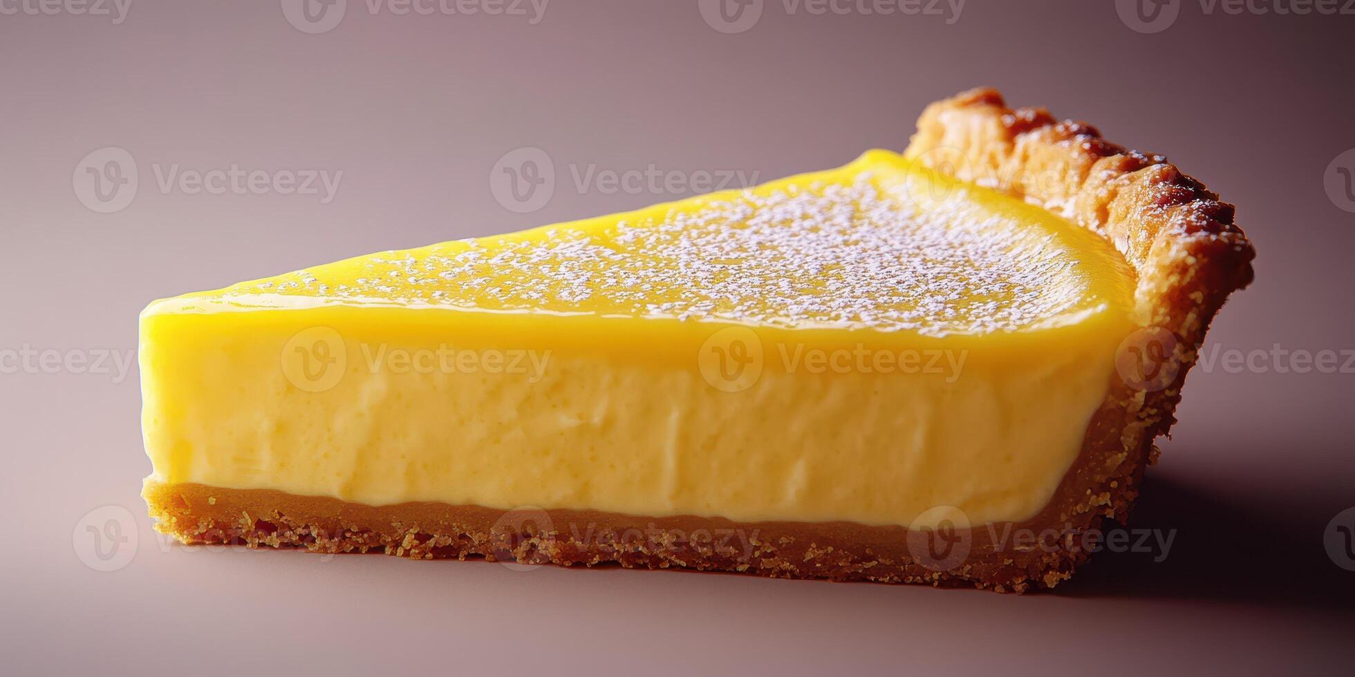 Slice of creamy lemon tart on a solid surface with a delicate crust and powdered sugar photo