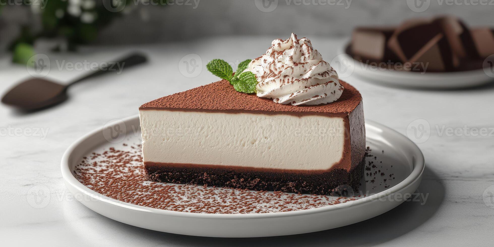 Decadent chocolate cheesecake served on a plate with fresh mint leaves as a garnish photo