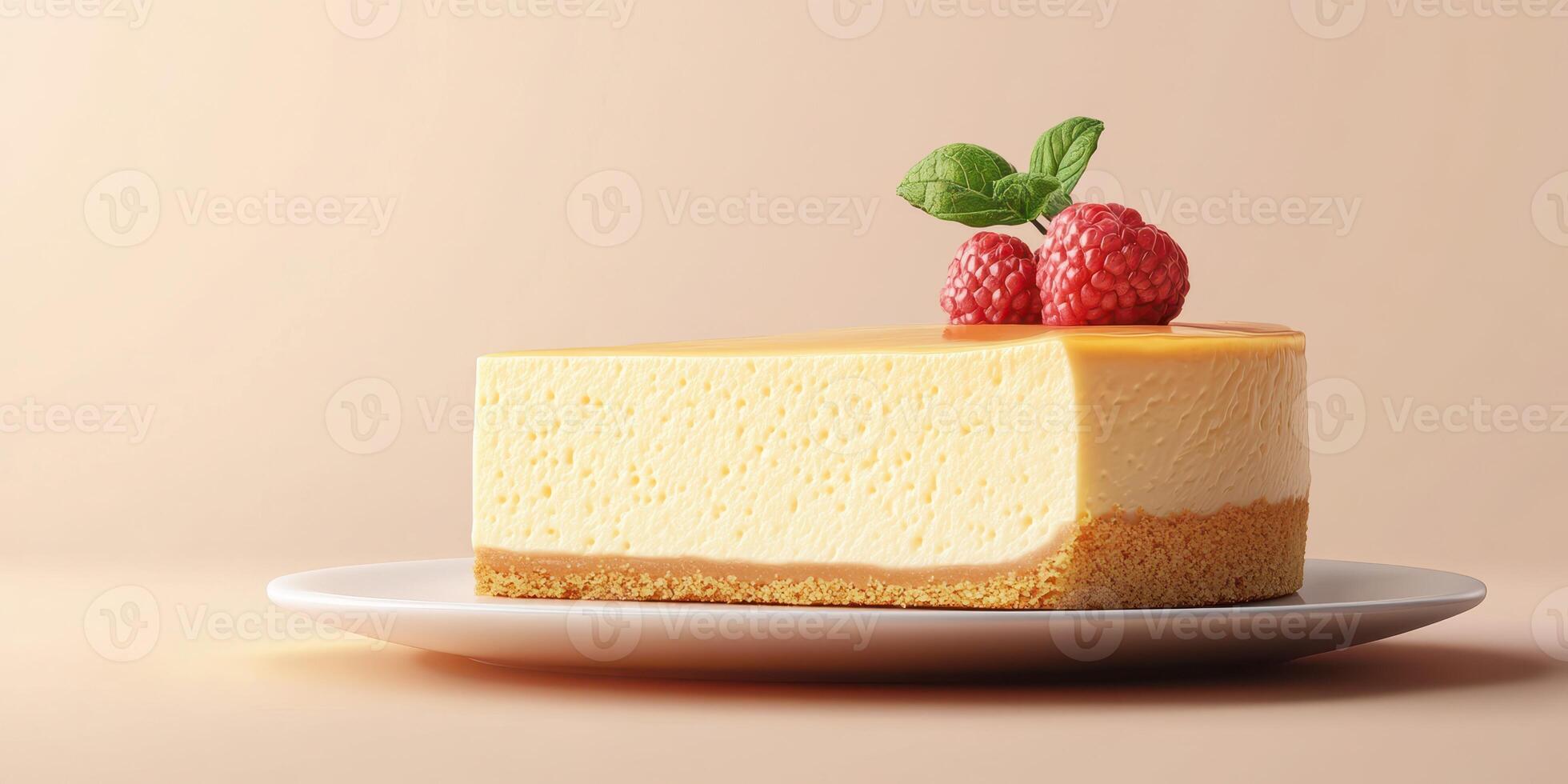 Creamy cheesecake with raspberry topping served on a white plate against a soft peach background photo