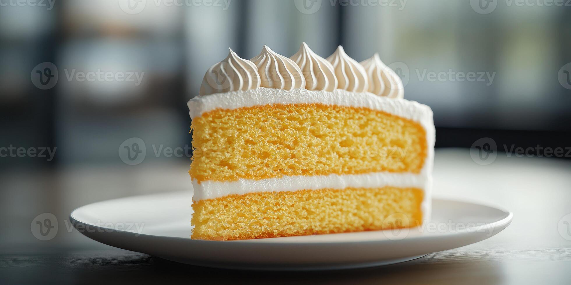 Moist yellow cake slice with fluffy white frosting on a simple white plate in a cozy cafe setting photo