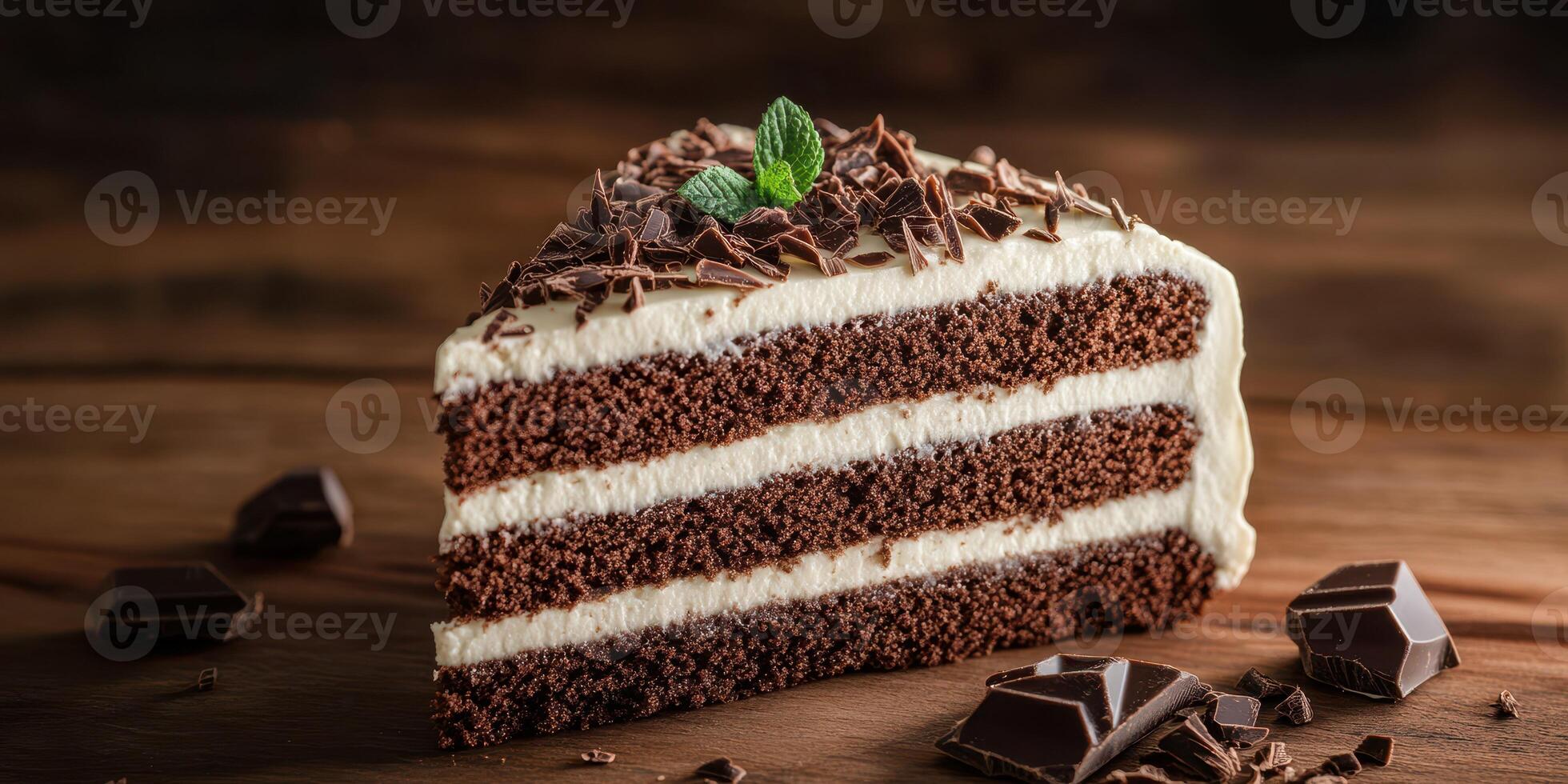 Decadent chocolate cake slice served on a wooden table with chocolate shavings and mint garnish photo
