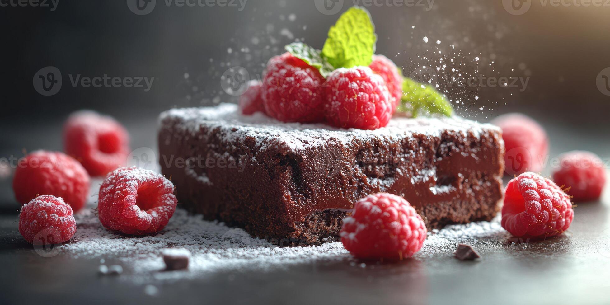 Delicious chocolate brownie topped with fresh raspberries and powdered sugar on a dark surface photo