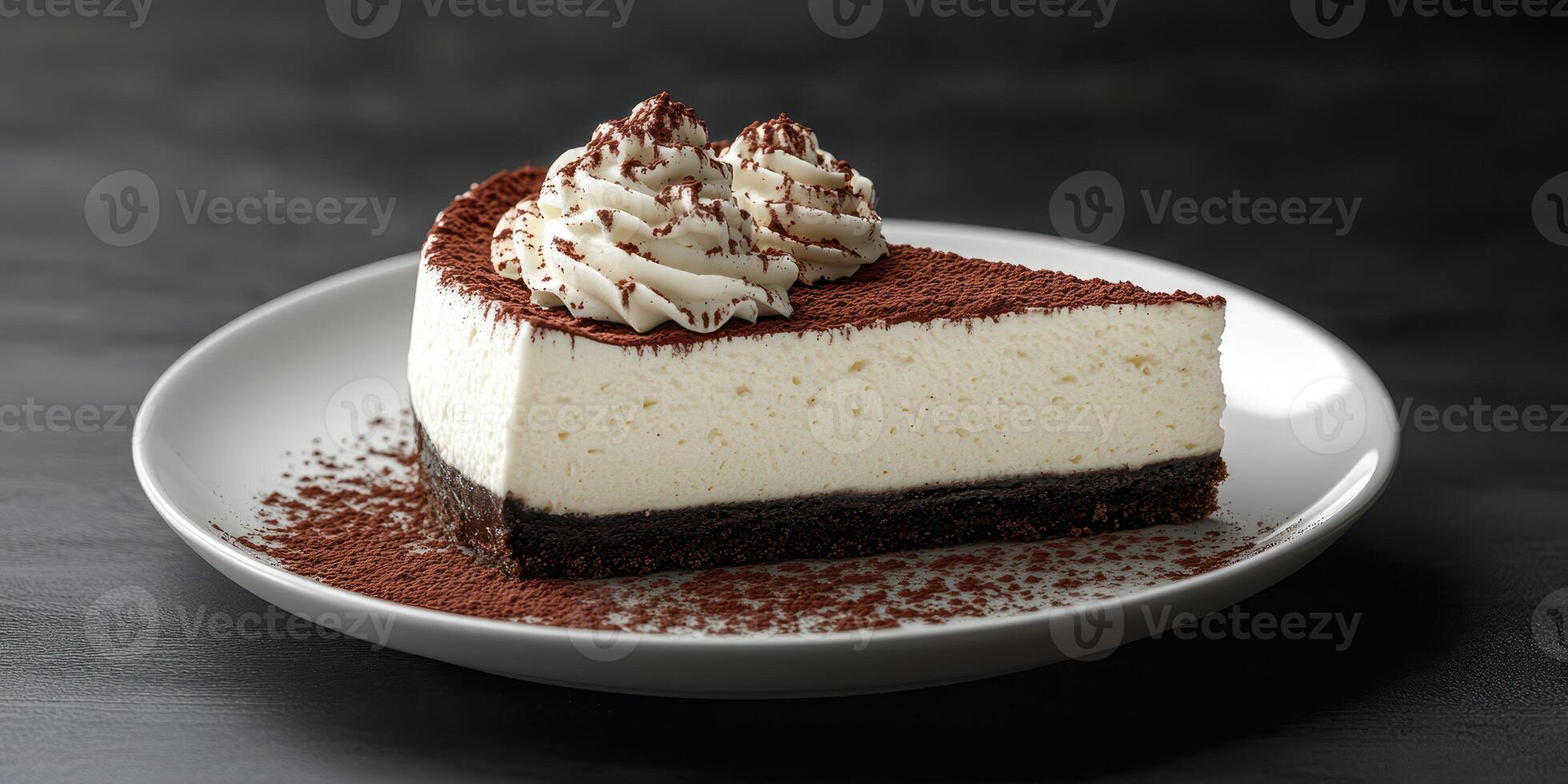 Delicious dessert featuring creamy cheesecake with chocolate crust and whipped topping on a white plate photo