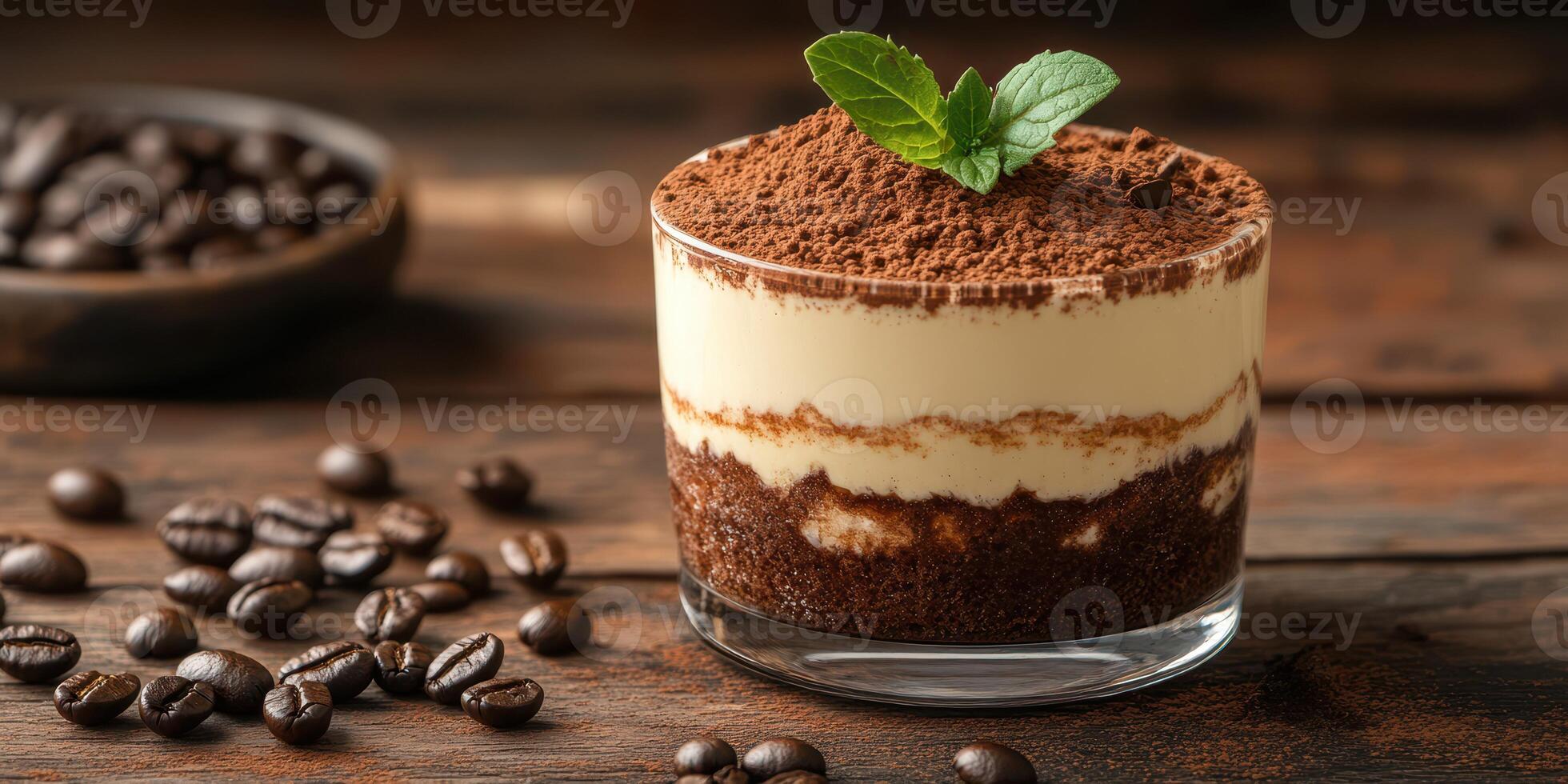Delicious dessert with layers of cream and coffee on a rustic wooden table photo
