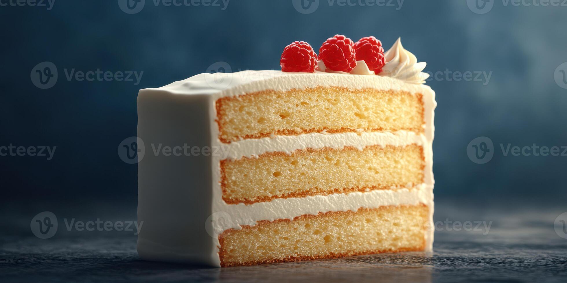 Delicious layer cake with creamy frosting and fresh raspberries on top captured in a close-up view photo