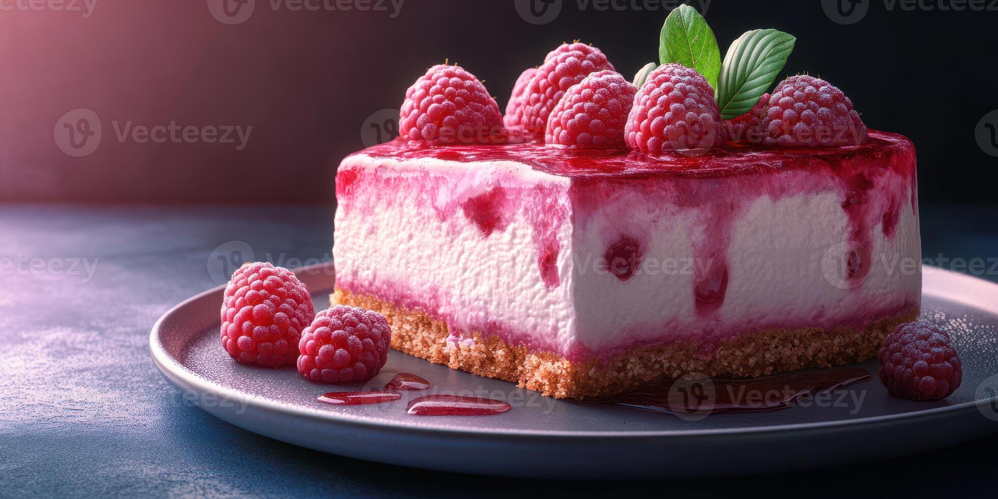Delicious raspberry cheesecake elegantly presented on a plate in soft light photo