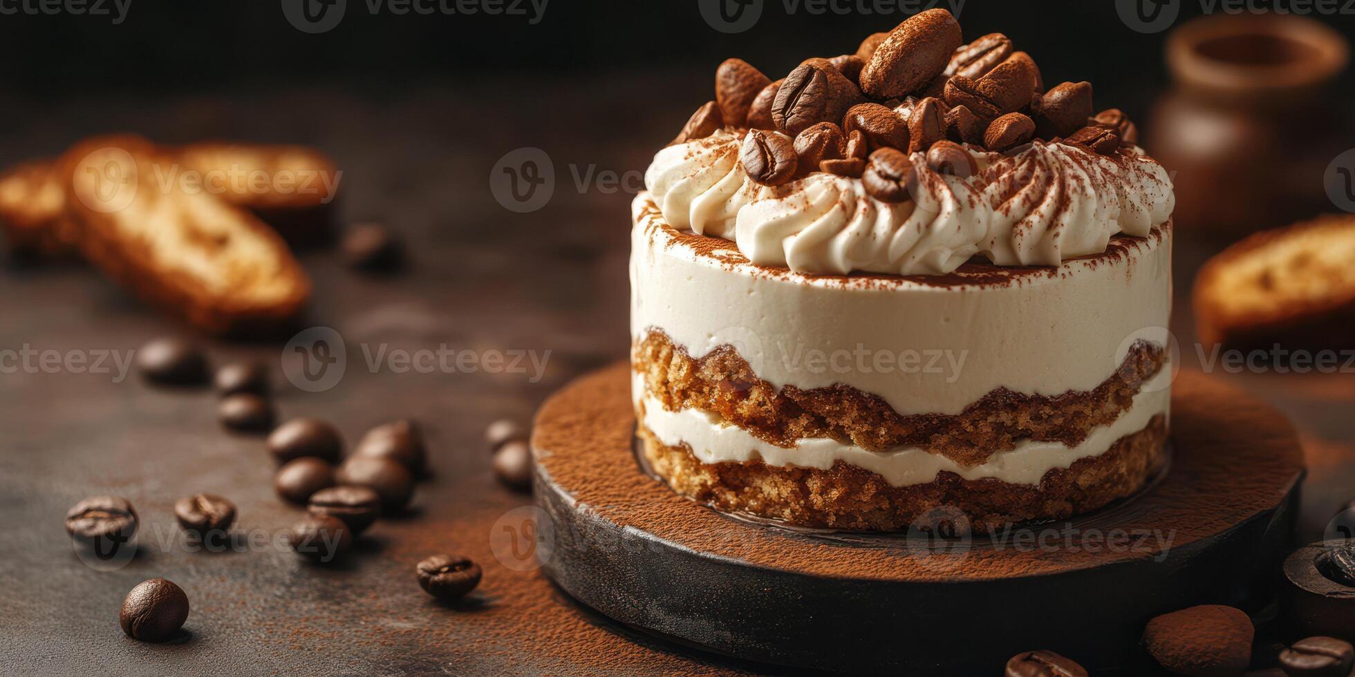 Delightful coffee-flavored dessert layered with cream and cookies sits on a rustic wooden board photo