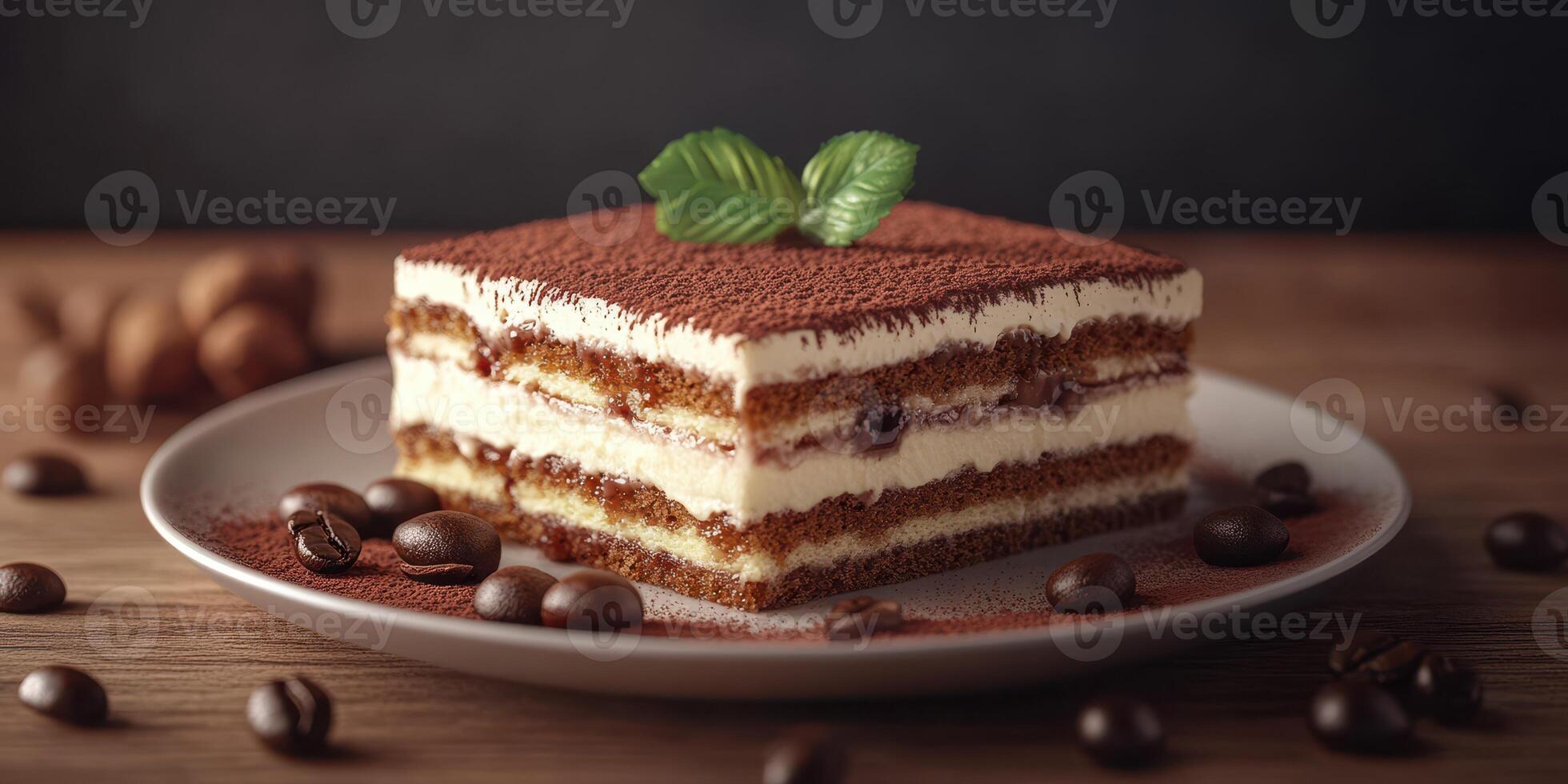 Delicious dessert with layers of cream, cocoa, and coffee served on a rustic wooden table photo