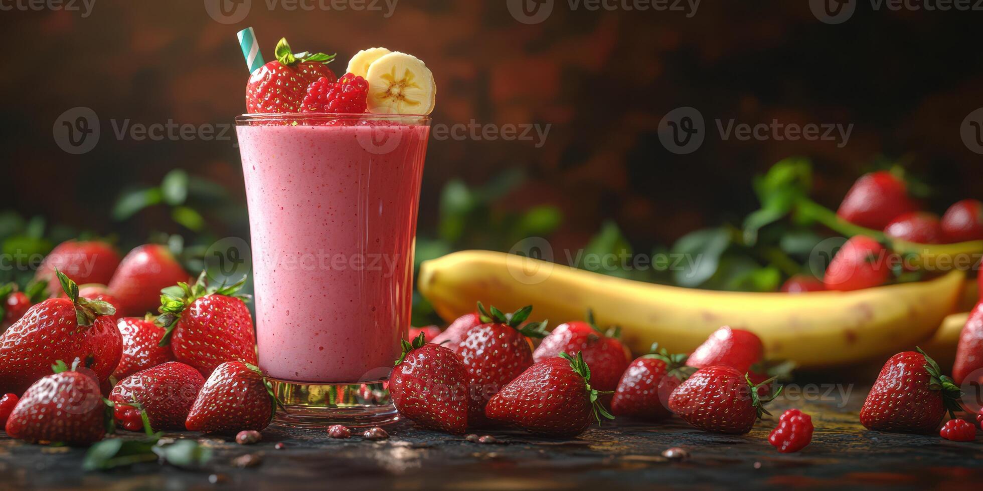 Fresh strawberry banana smoothie garnished with strawberries and a straw on a dark background photo