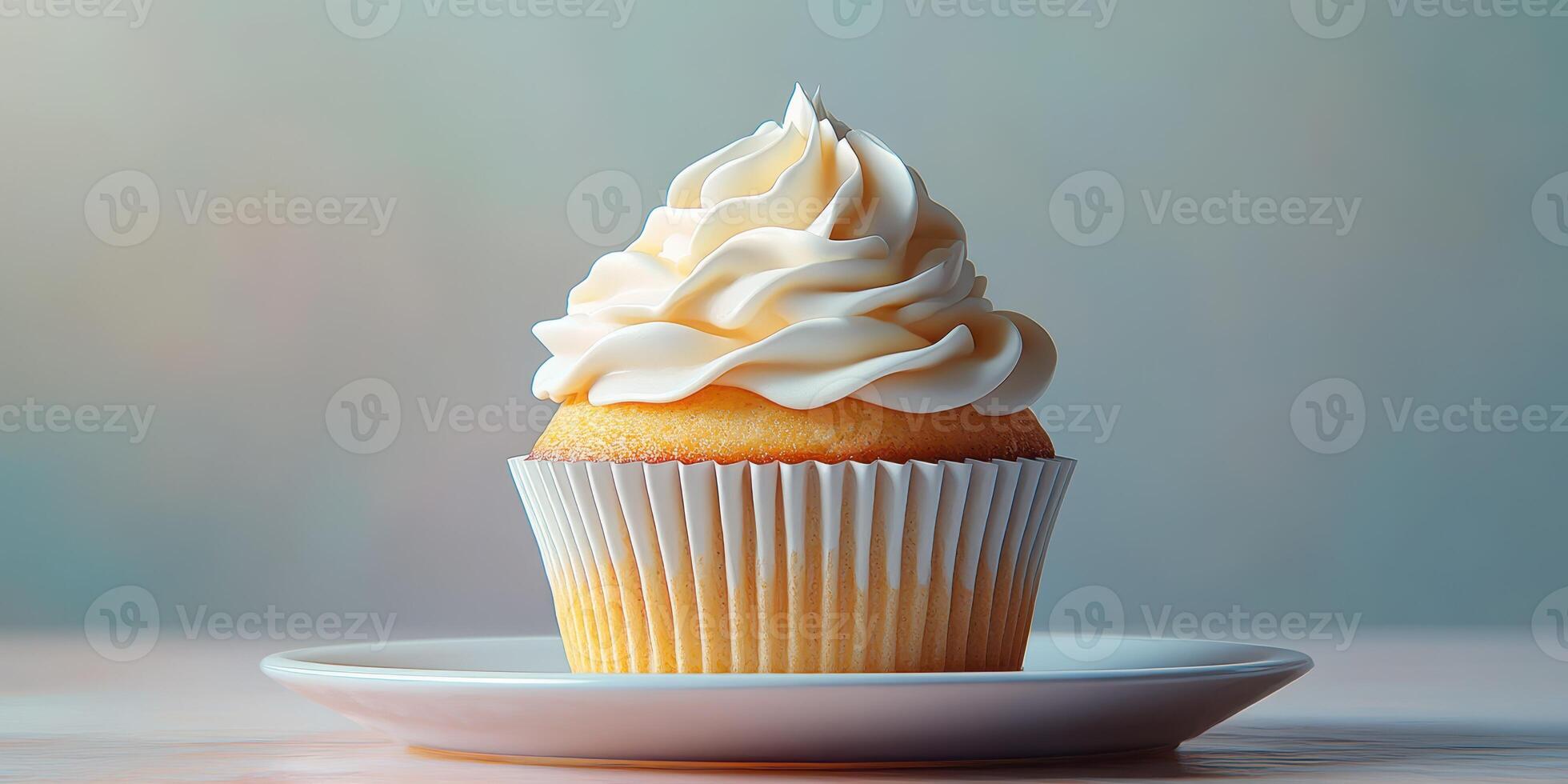 Delicious vanilla cupcake with creamy frosting on a white plate, set against a soft gradient background photo