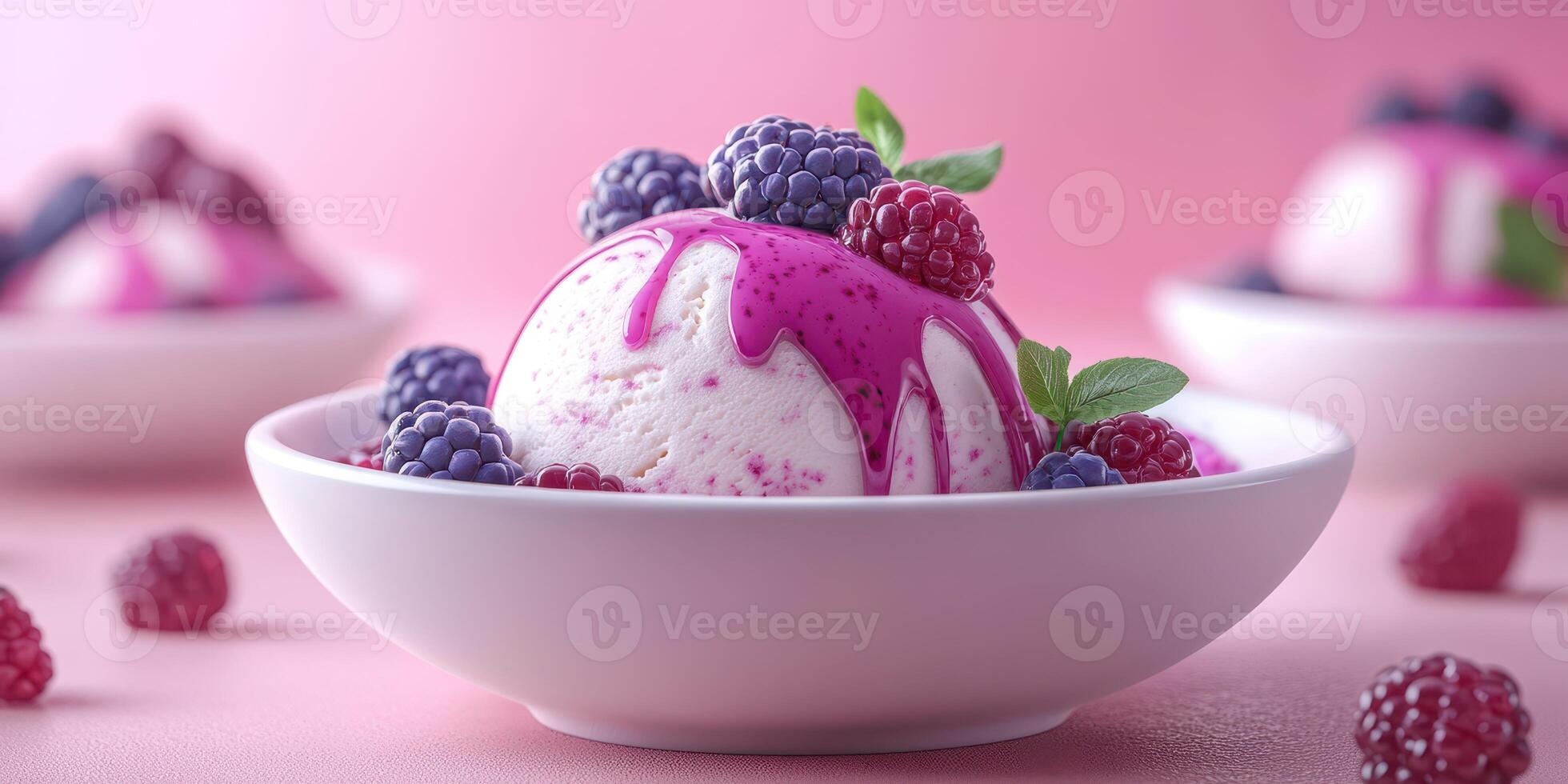 Delicious raspberry ice cream topped with fresh berries on a pink background in a sunny kitchen photo