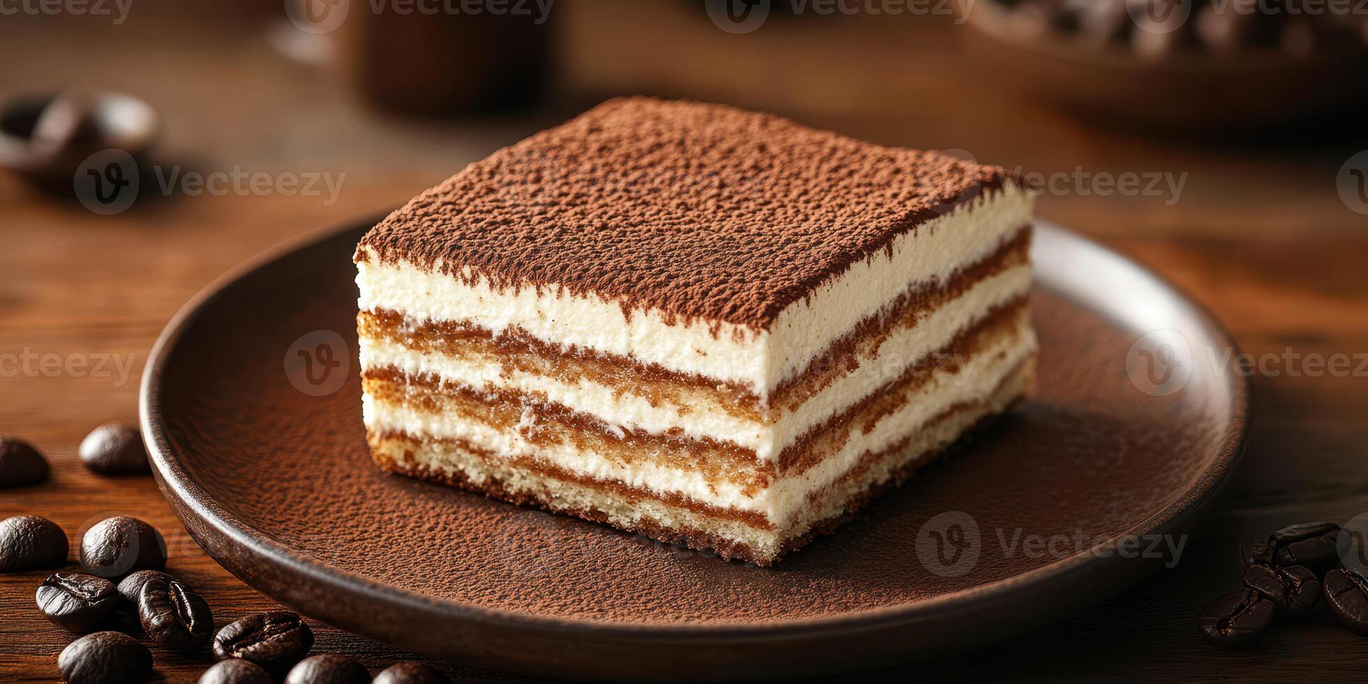 Delicious tiramisu dessert served on a rustic plate with coffee beans in a cozy cafe setting photo