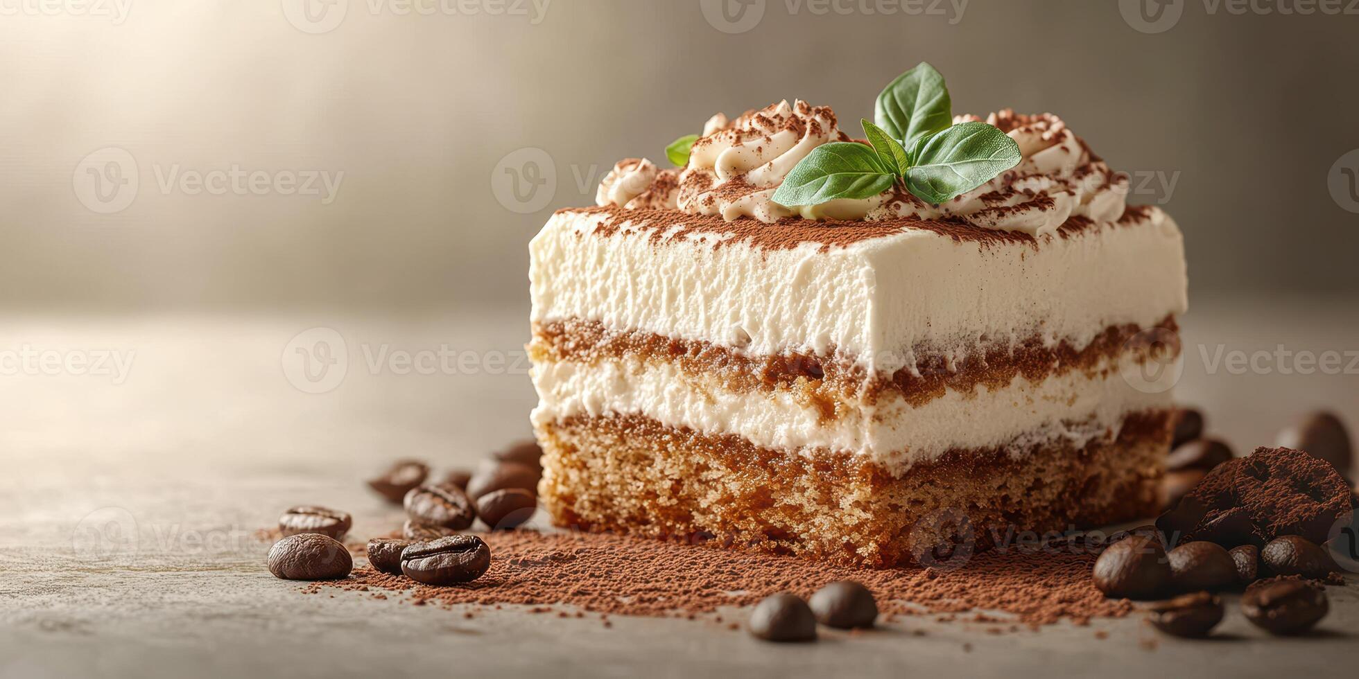Delicious slice of dessert showcasing layers of cream, cocoa, and coffee on a rustic table setting photo