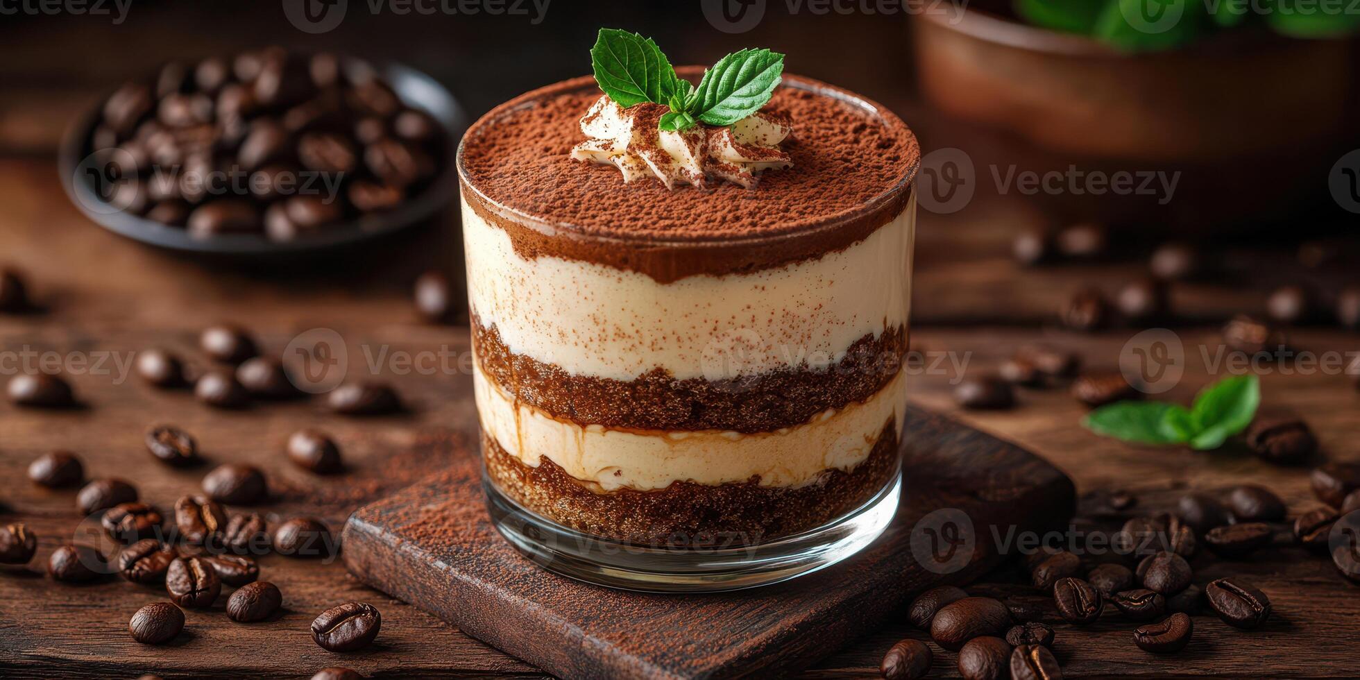 Delicious tiramisu dessert served in a glass on a rustic wooden tabletop with coffee beans and mint garnish photo