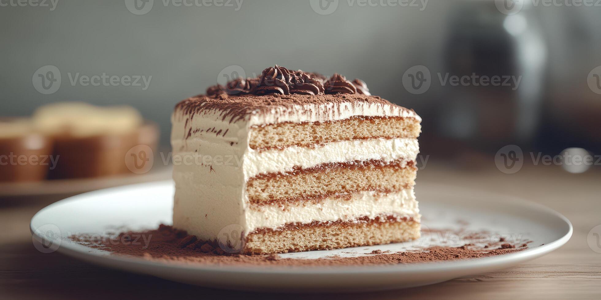 Delicious layer cake topped with chocolate cream served on a white plate in a cozy setting photo