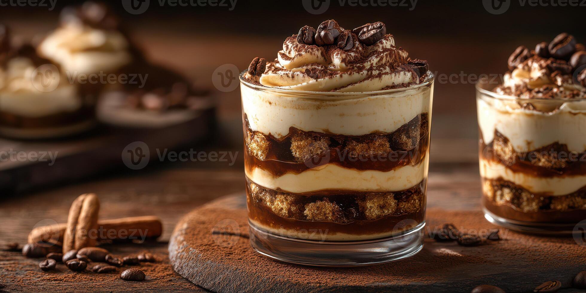 Delicious coffee dessert layered with cream, cake, and cocoa on a wooden table photo