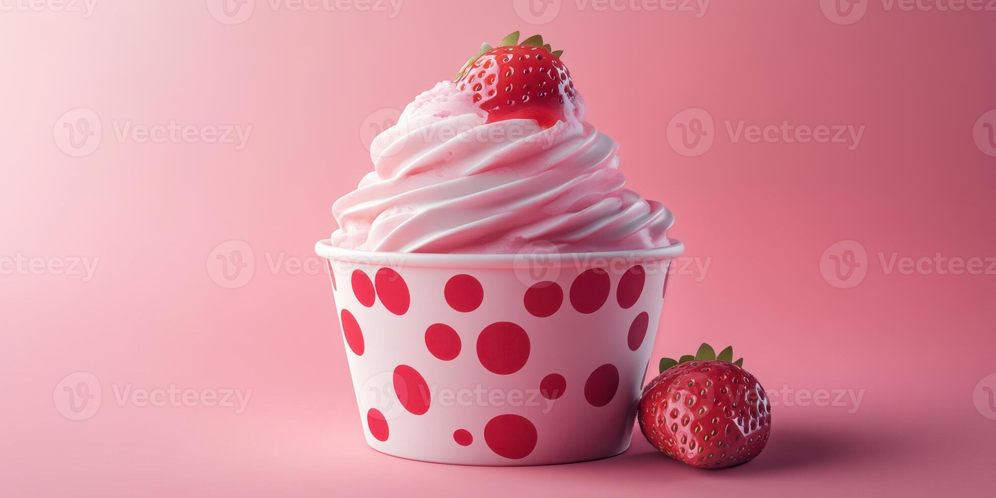Delicious strawberry swirl soft serve in a speckled cup on a pink background photo