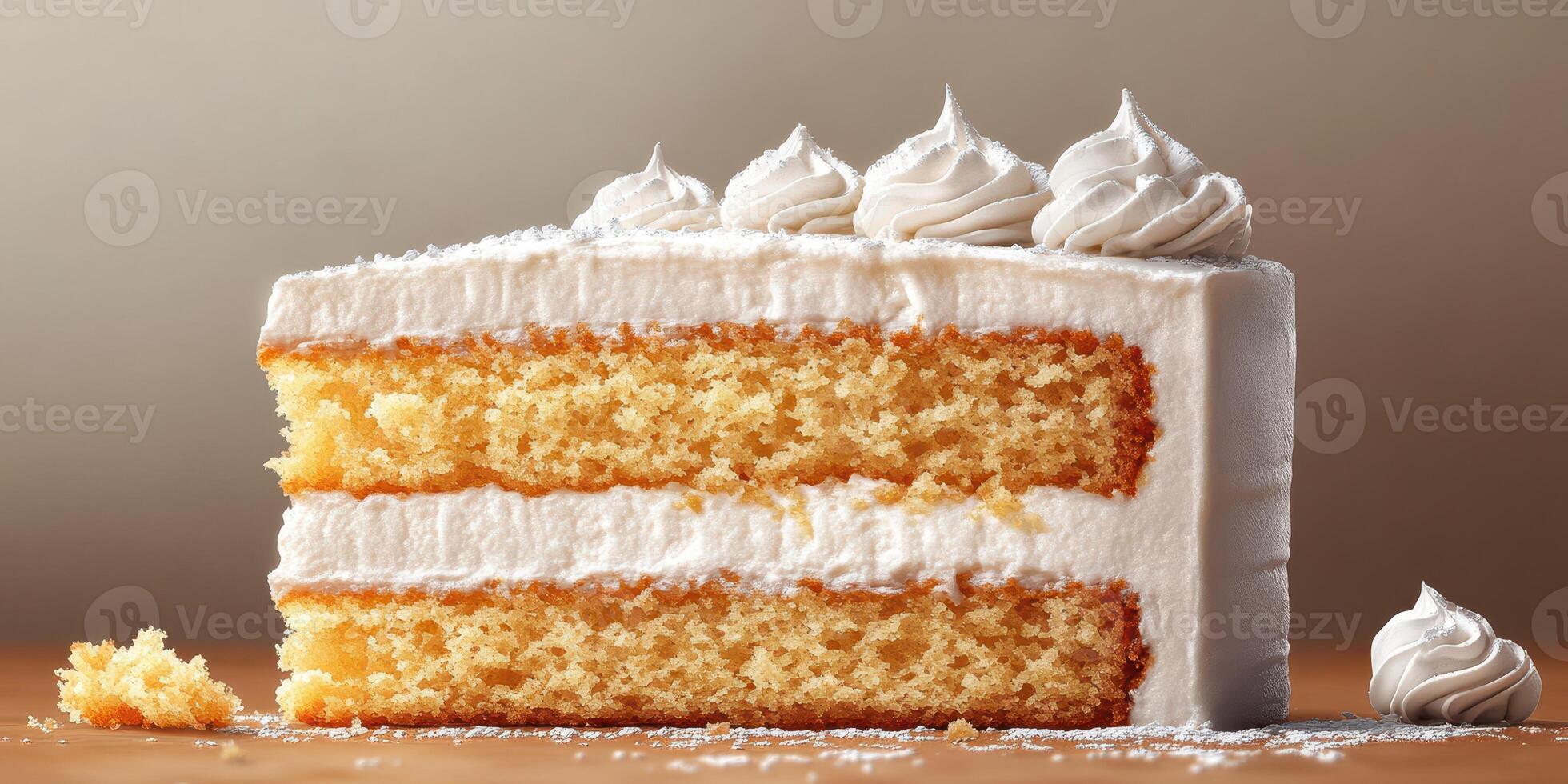 Layered vanilla cake with frosting and decorative meringue on top presented on a kitchen countertop photo