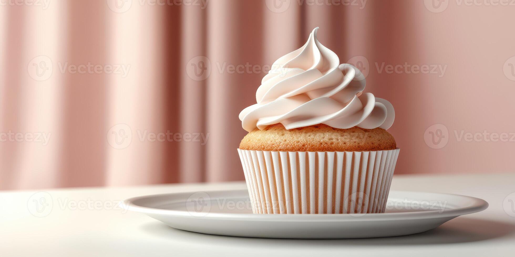 Delicious cupcake with fluffy frosting displayed on a white plate against a soft pink background photo