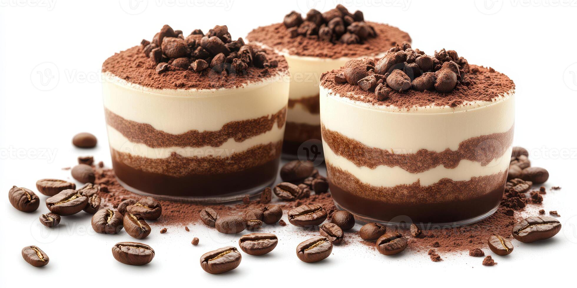 Delicious mocha mousse cups with chocolate layers and coffee beans on top during a dessert presentation photo