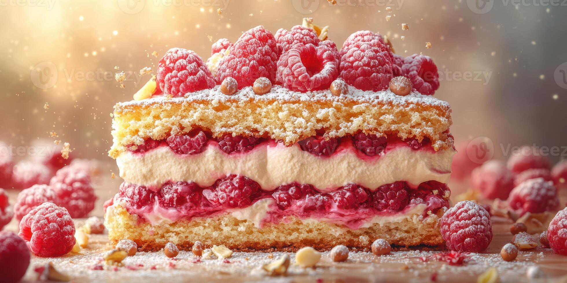 Exquisite raspberry layer cake with whipped cream and a sprinkle of sugar on a rustic wooden table photo