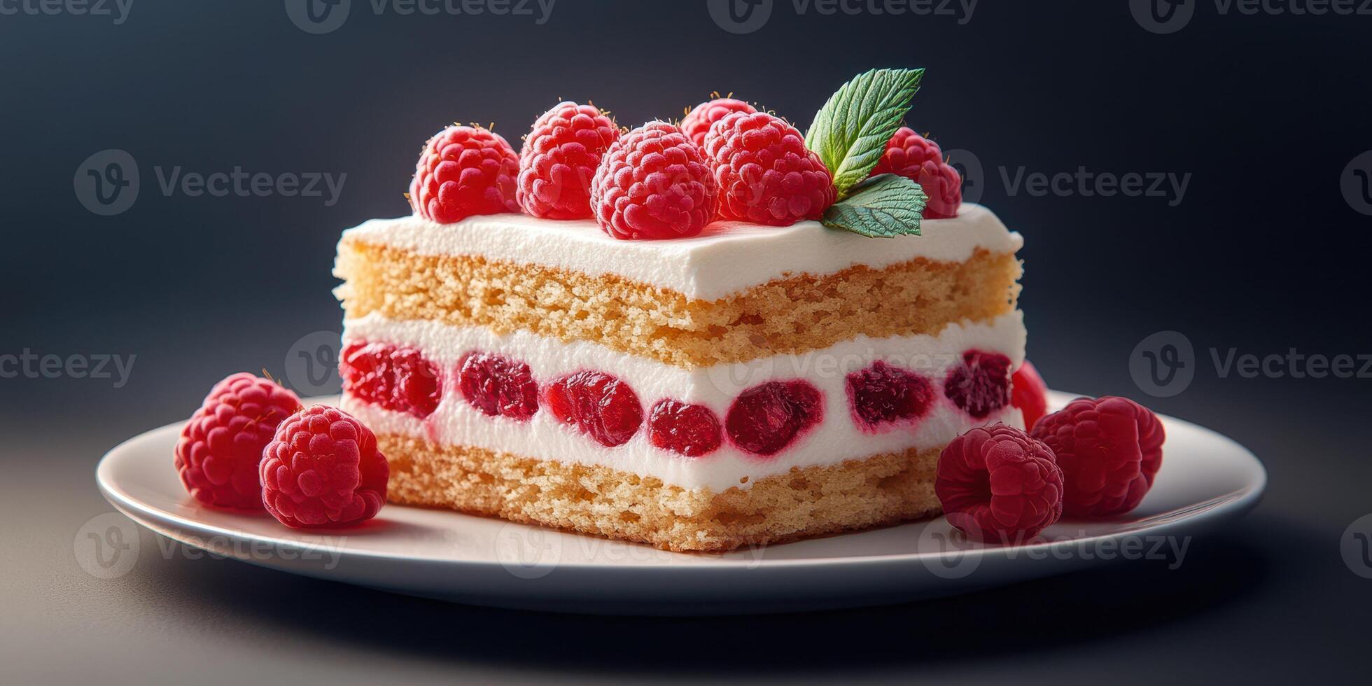 Delicious dessert featuring layers of cream, raspberries, and sponge cake served on a white plate photo