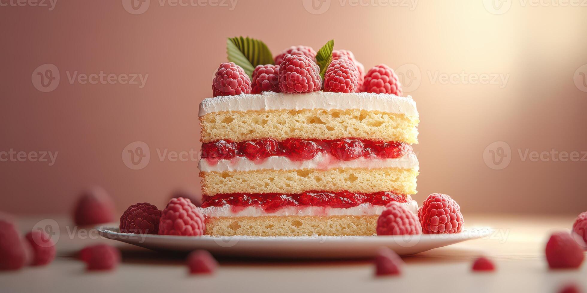 Delicious raspberry layered cake with cream and fresh berries on a white plate in soft lighting photo