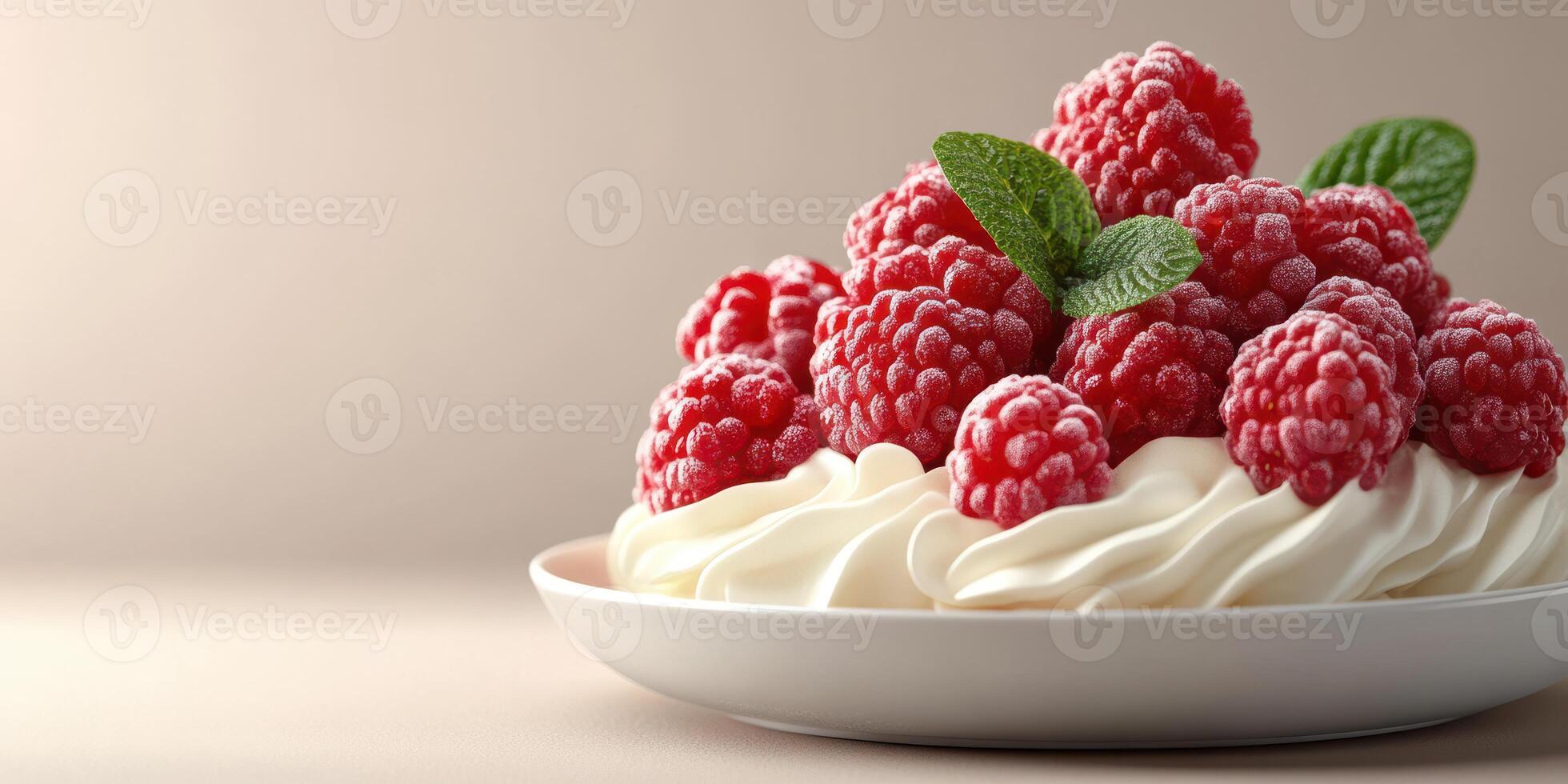 Fresh raspberries topped on a smooth cream dessert served on a white plate with mint leaves as decoration photo