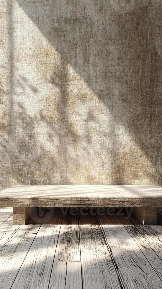 Sunlight streams through a window casting shadows on a minimalistic wooden platform in a serene interior space photo