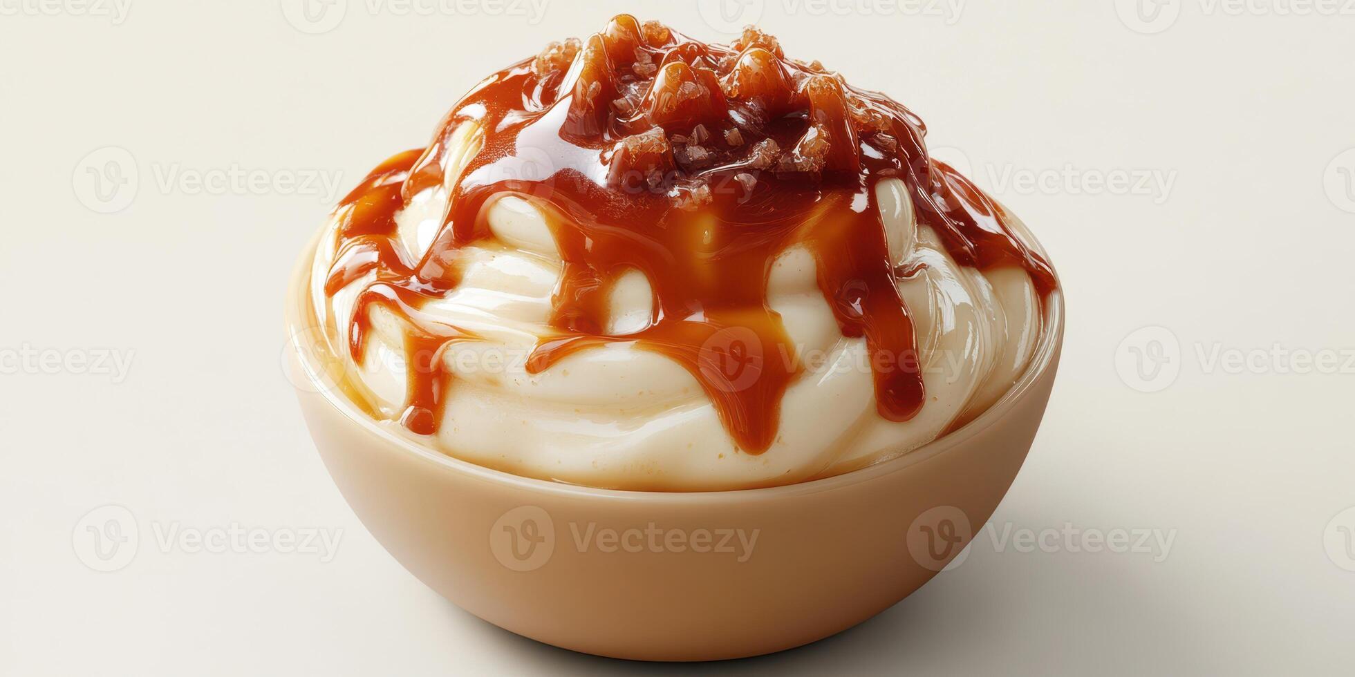 Creamy dessert topped with caramel and crunchy nuts in a shallow bowl suitable for any occasion photo