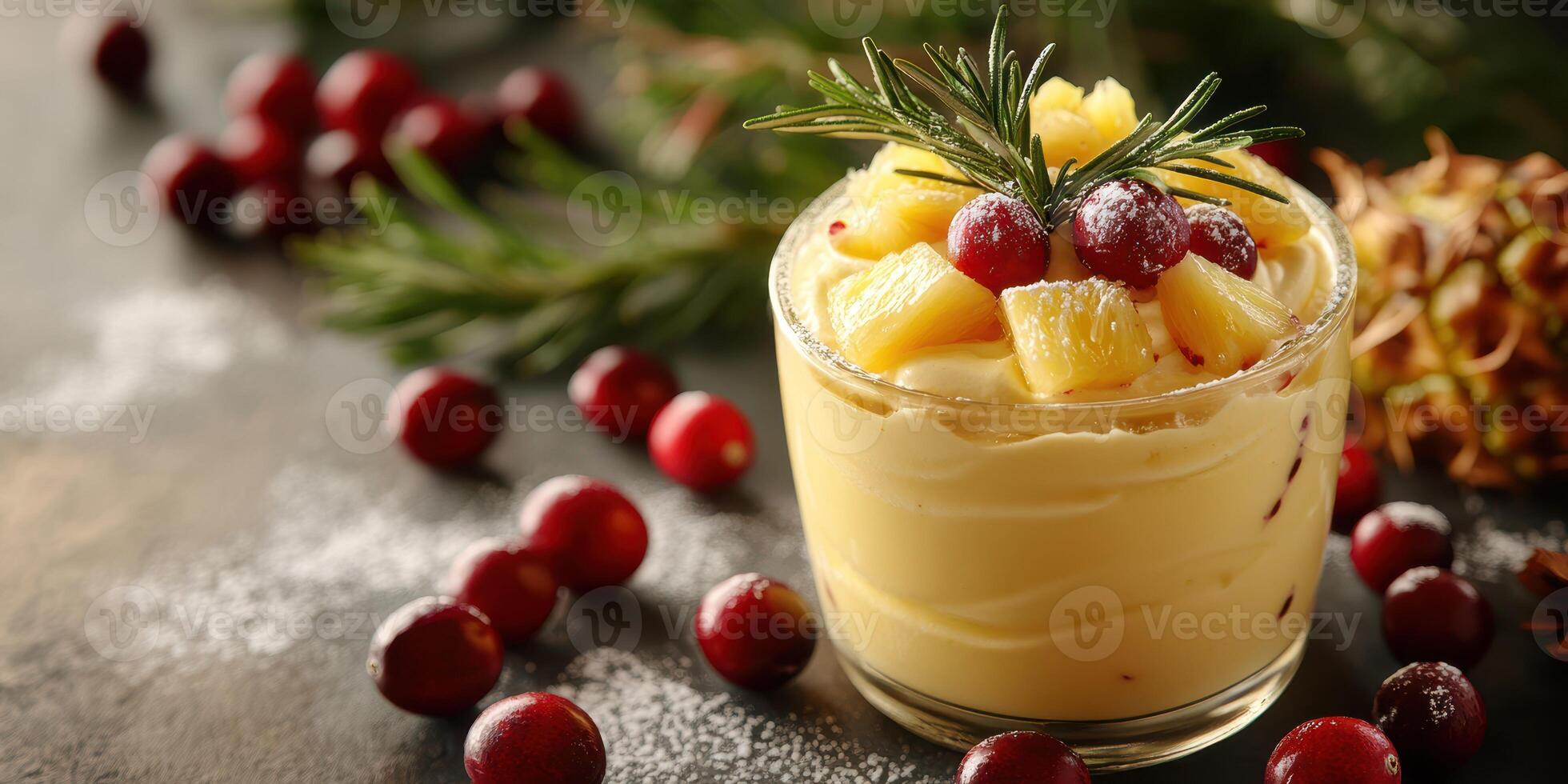 Festive dessert featuring pineapple and cranberries in a glass with seasonal decorations photo
