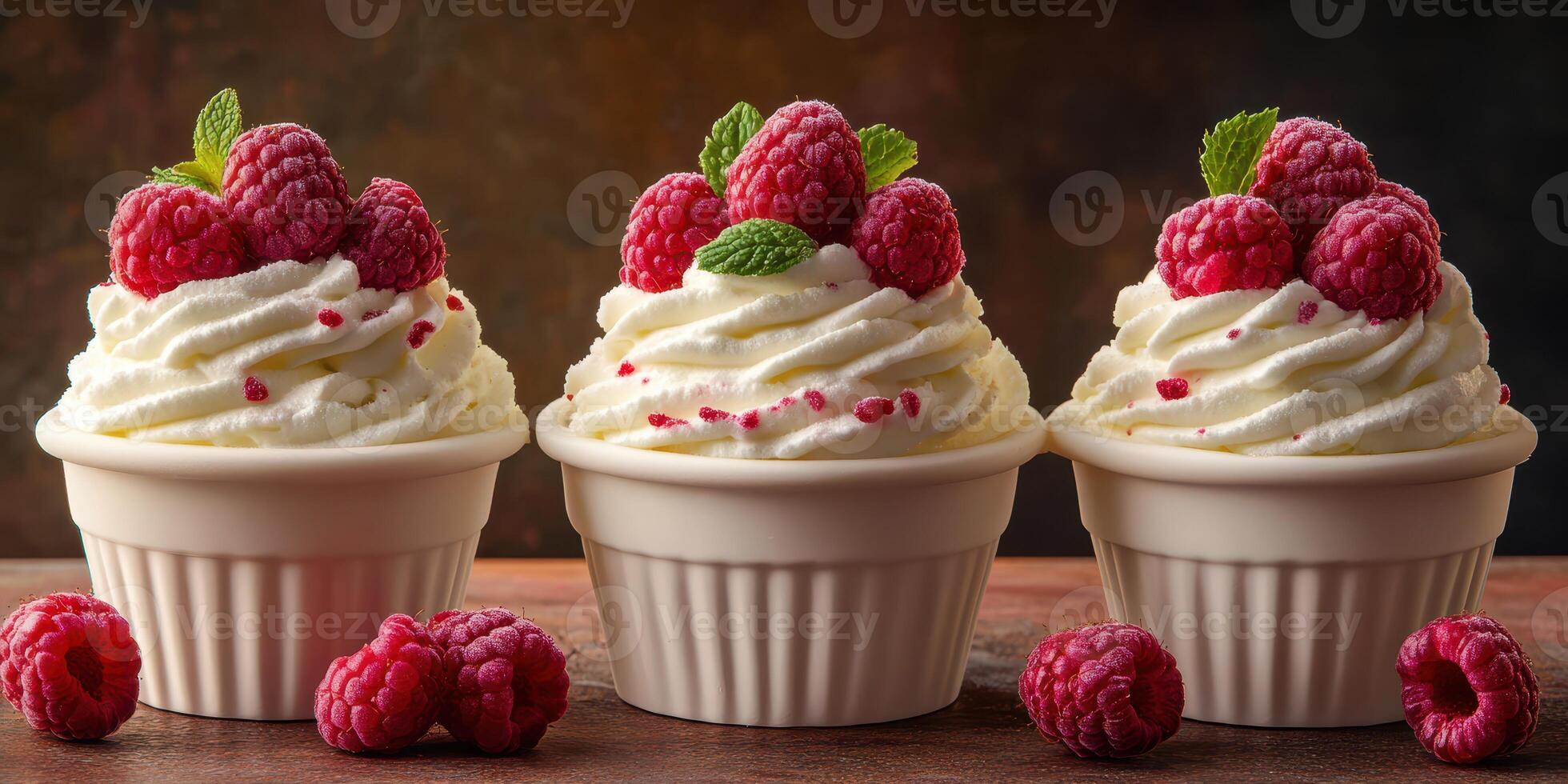 Whipped cream desserts topped with fresh raspberries displayed on a rustic wooden surface photo