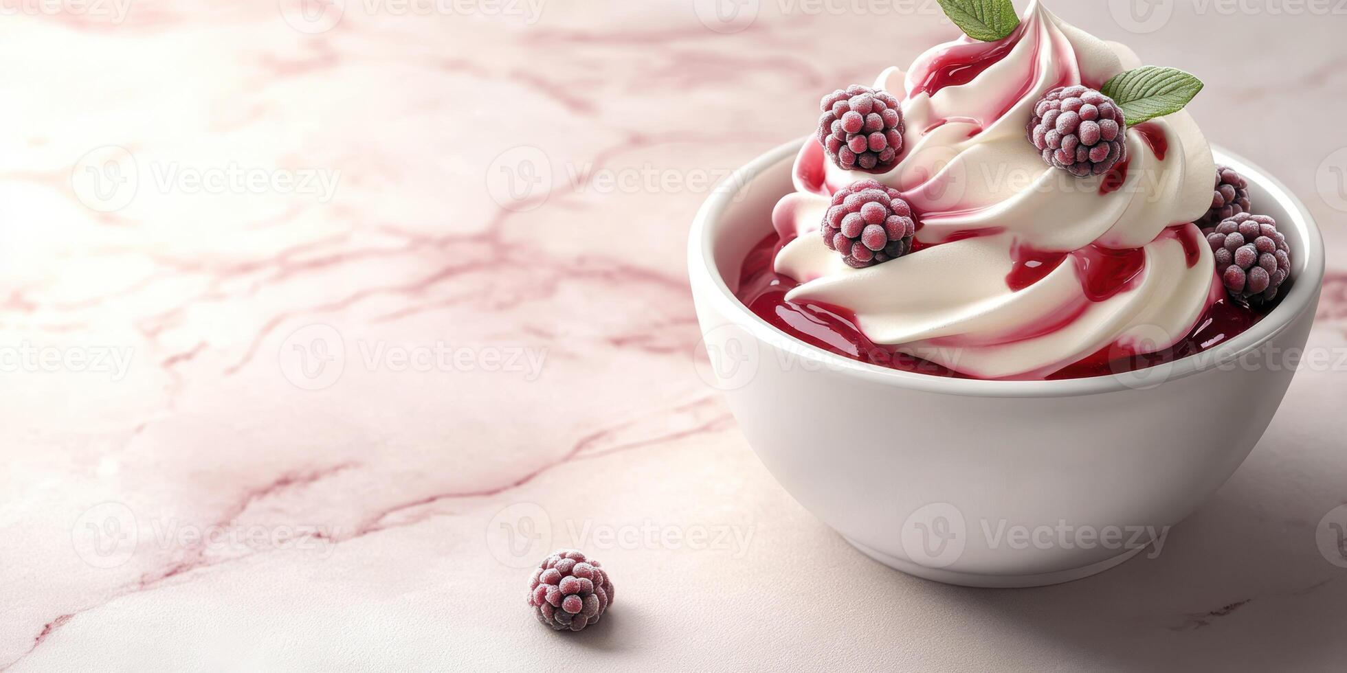 Delicious dessert featuring creamy swirl topped with blackberry sauce and fresh berries on a marble surface photo