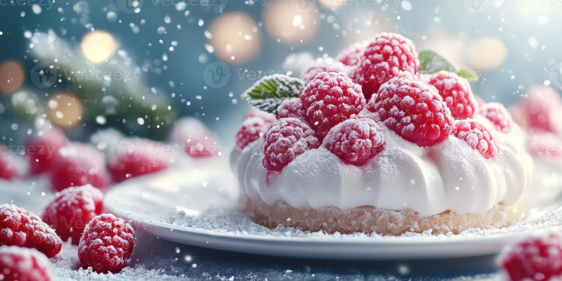 Delicious raspberry dessert with whipped cream and snowflakes in a cozy winter setting photo